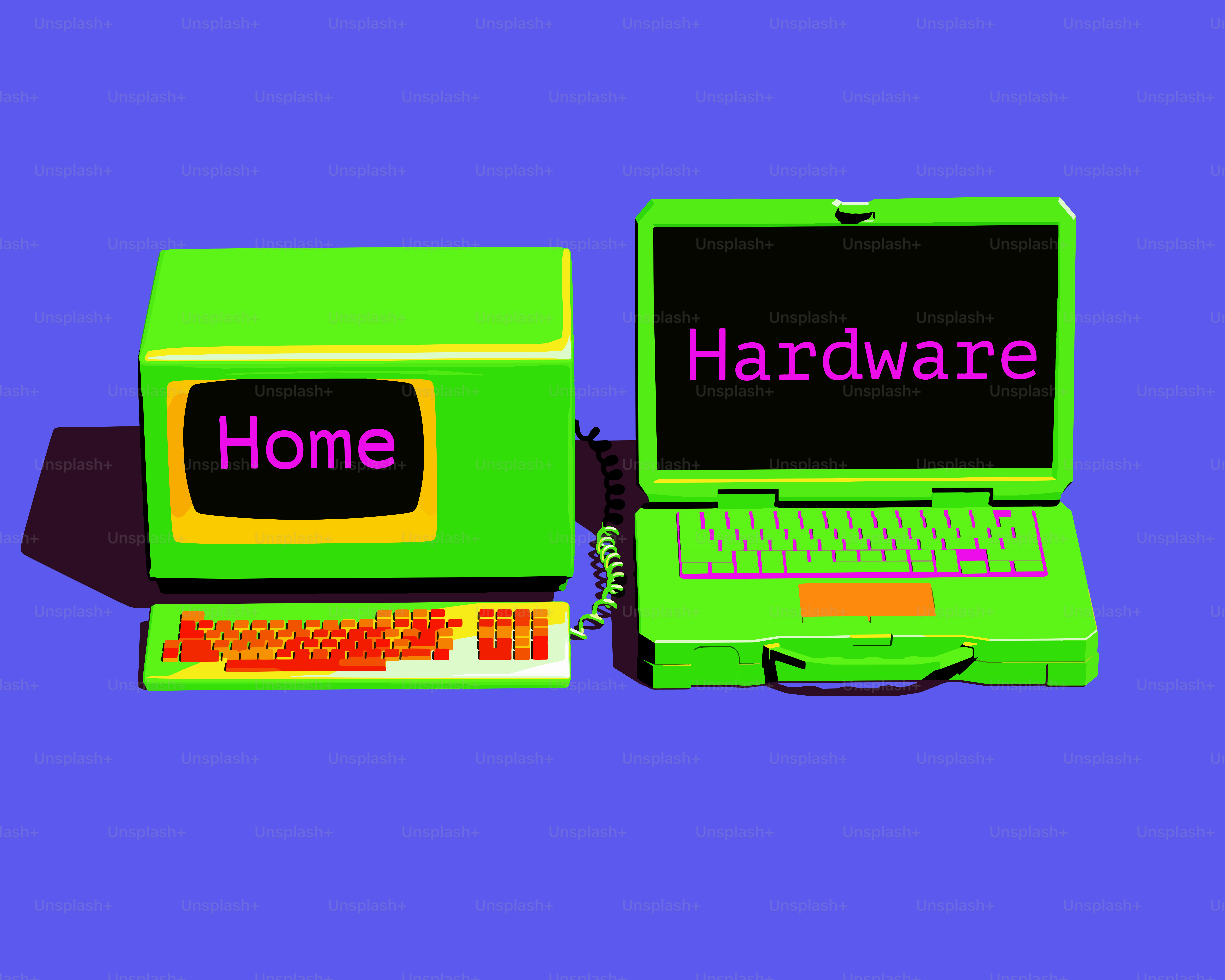 Green computer and laptop with text on screens.