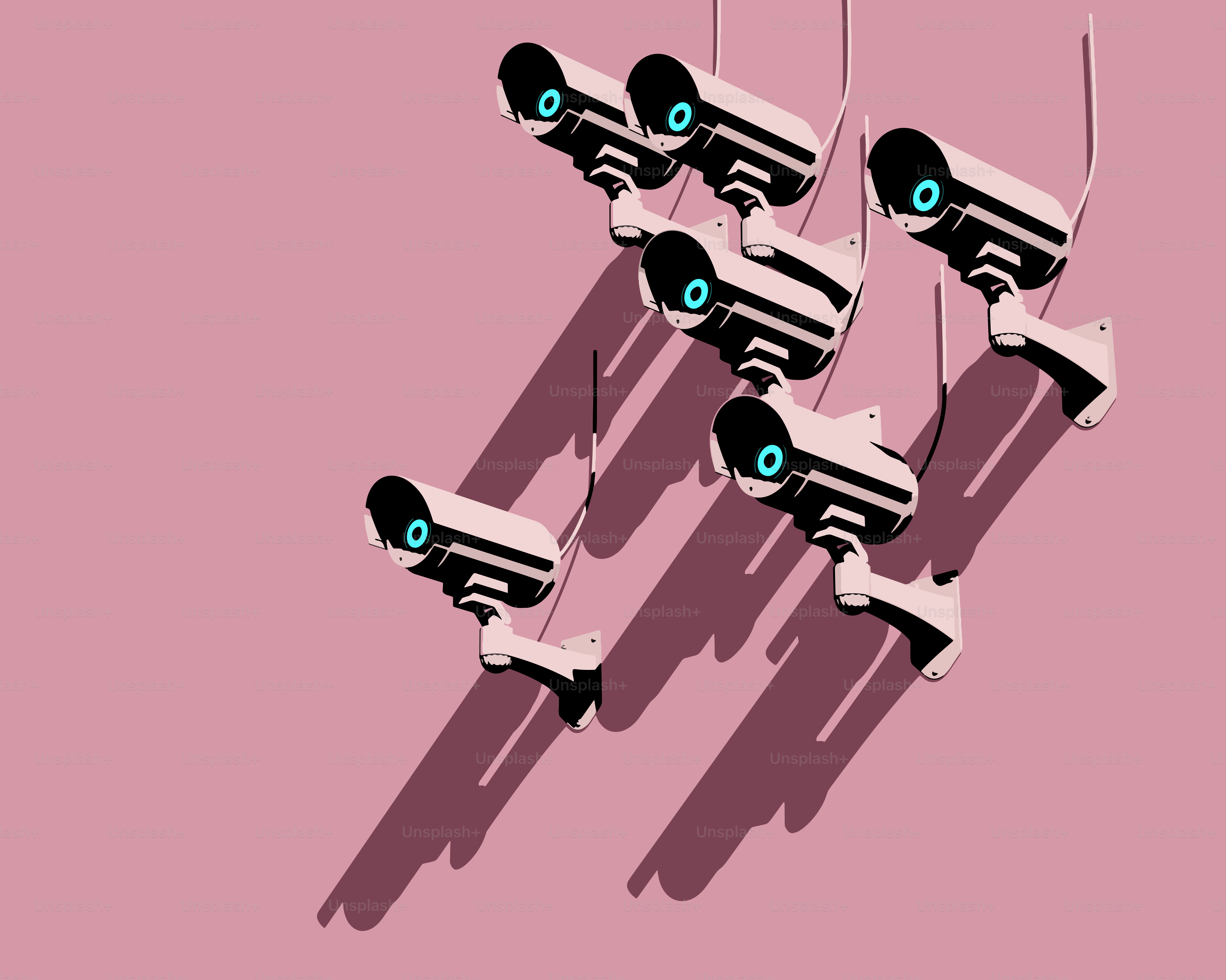 Several security cameras mounted on a pink wall.