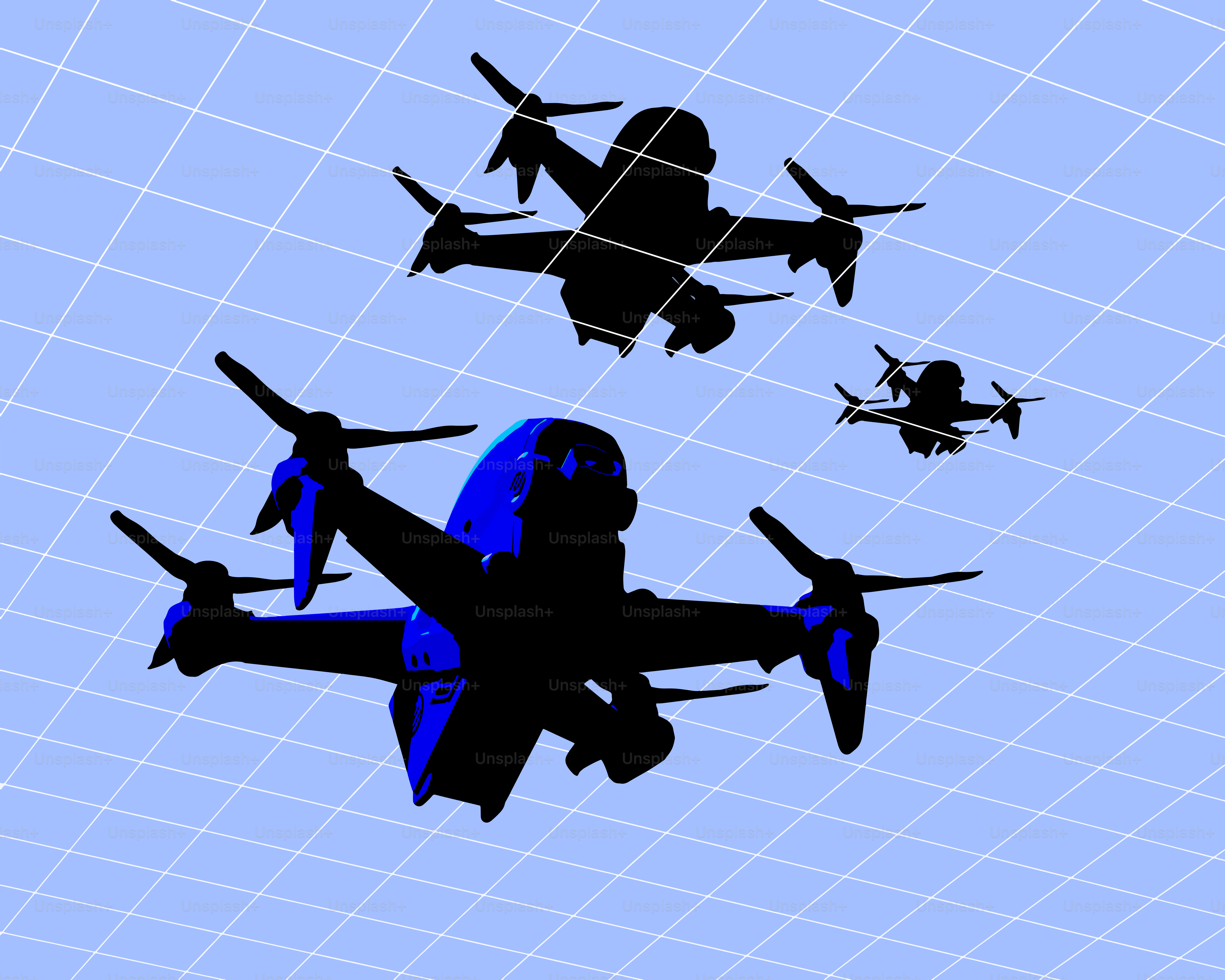 Three drones flying in formation against a blue grid background