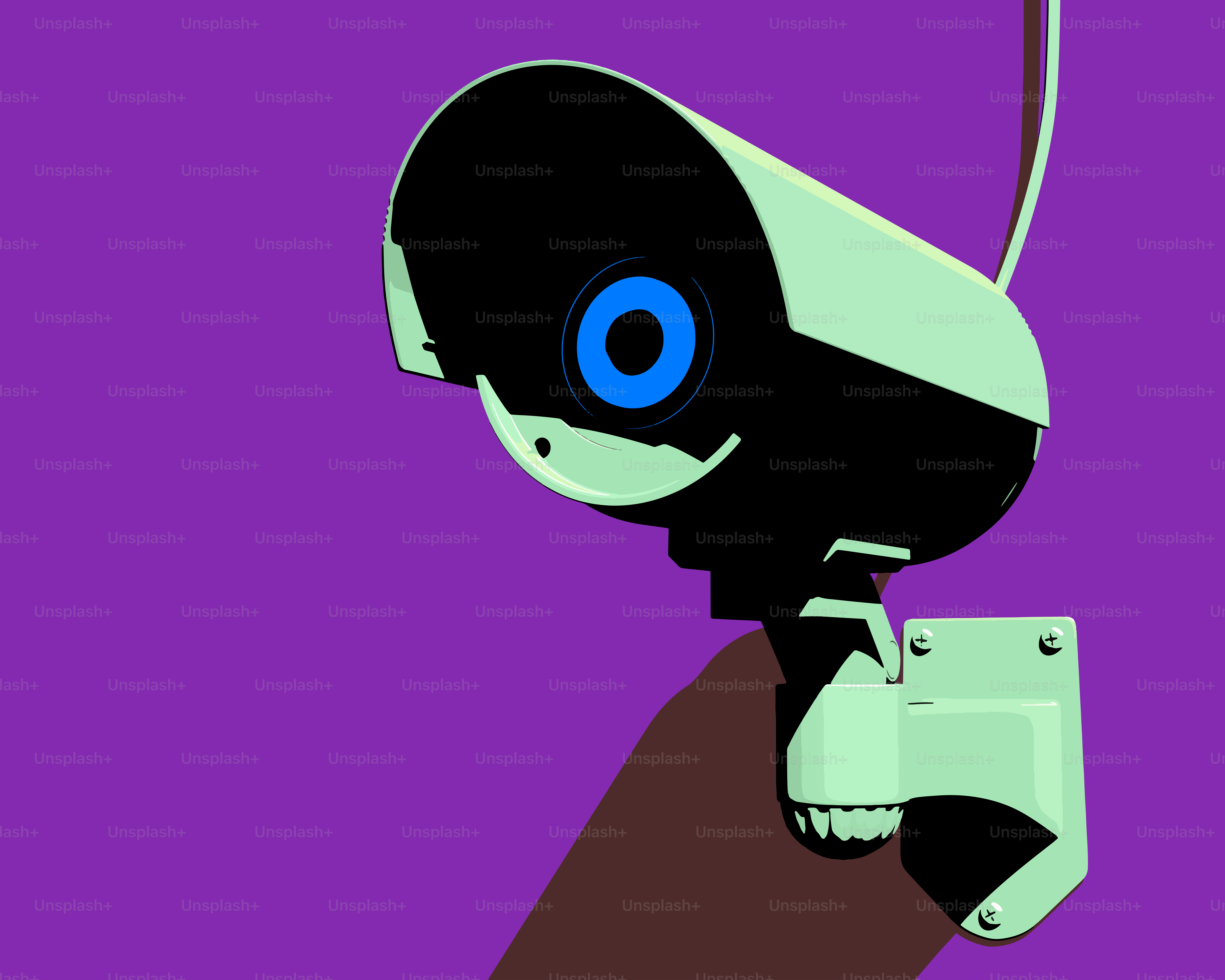 Security camera with blue eye on purple background