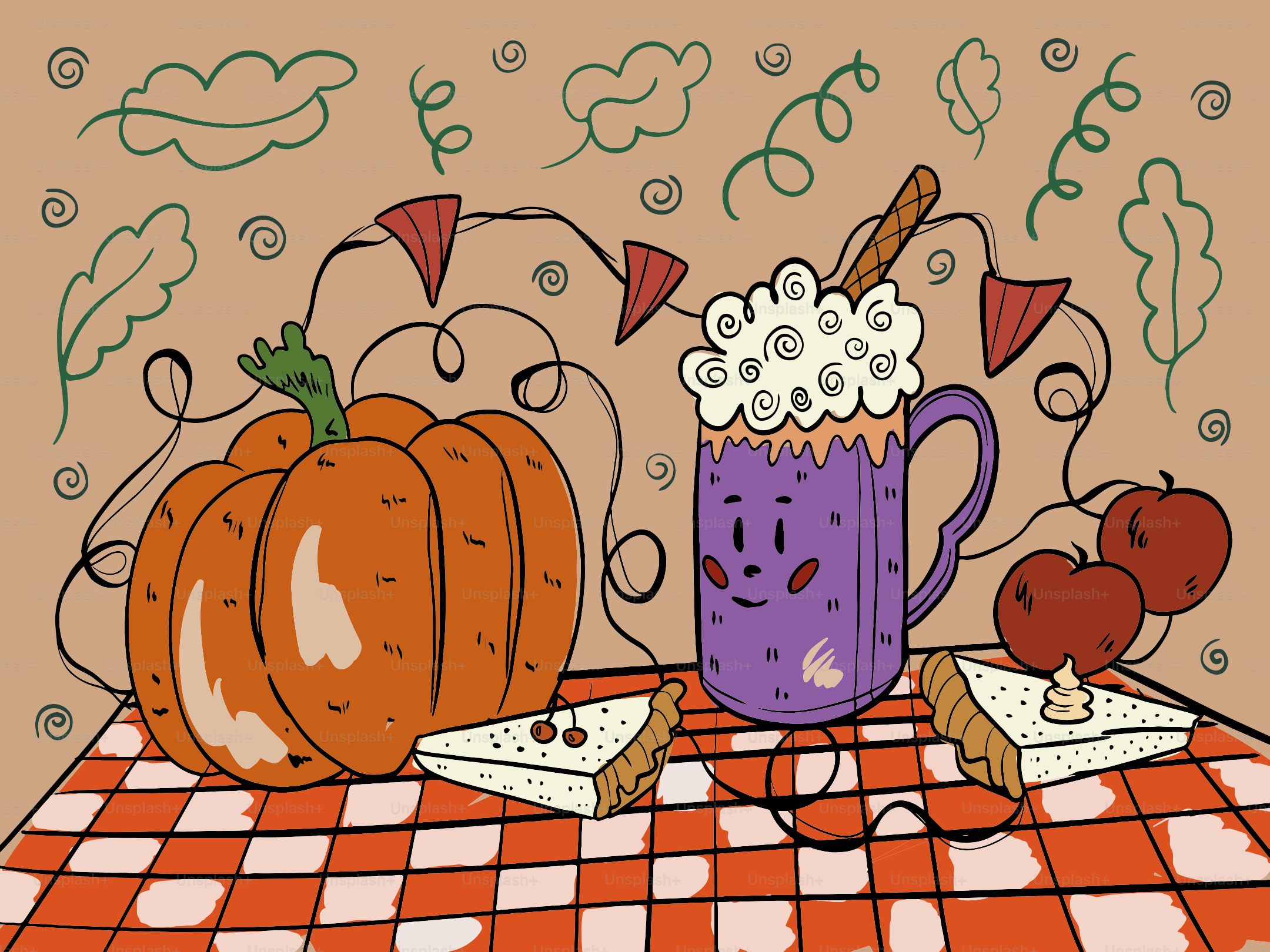 Pumpkin, pie, and spiced latte on checkered tablecloth
