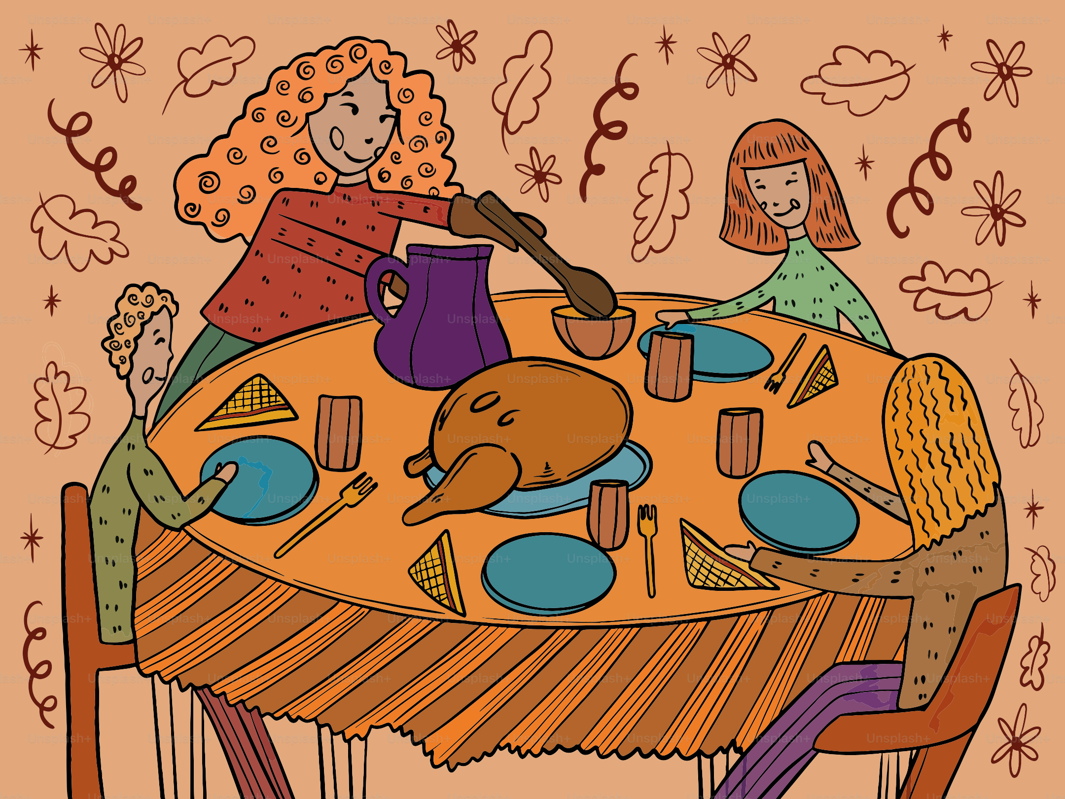 Family gathered around a table for thanksgiving dinner.