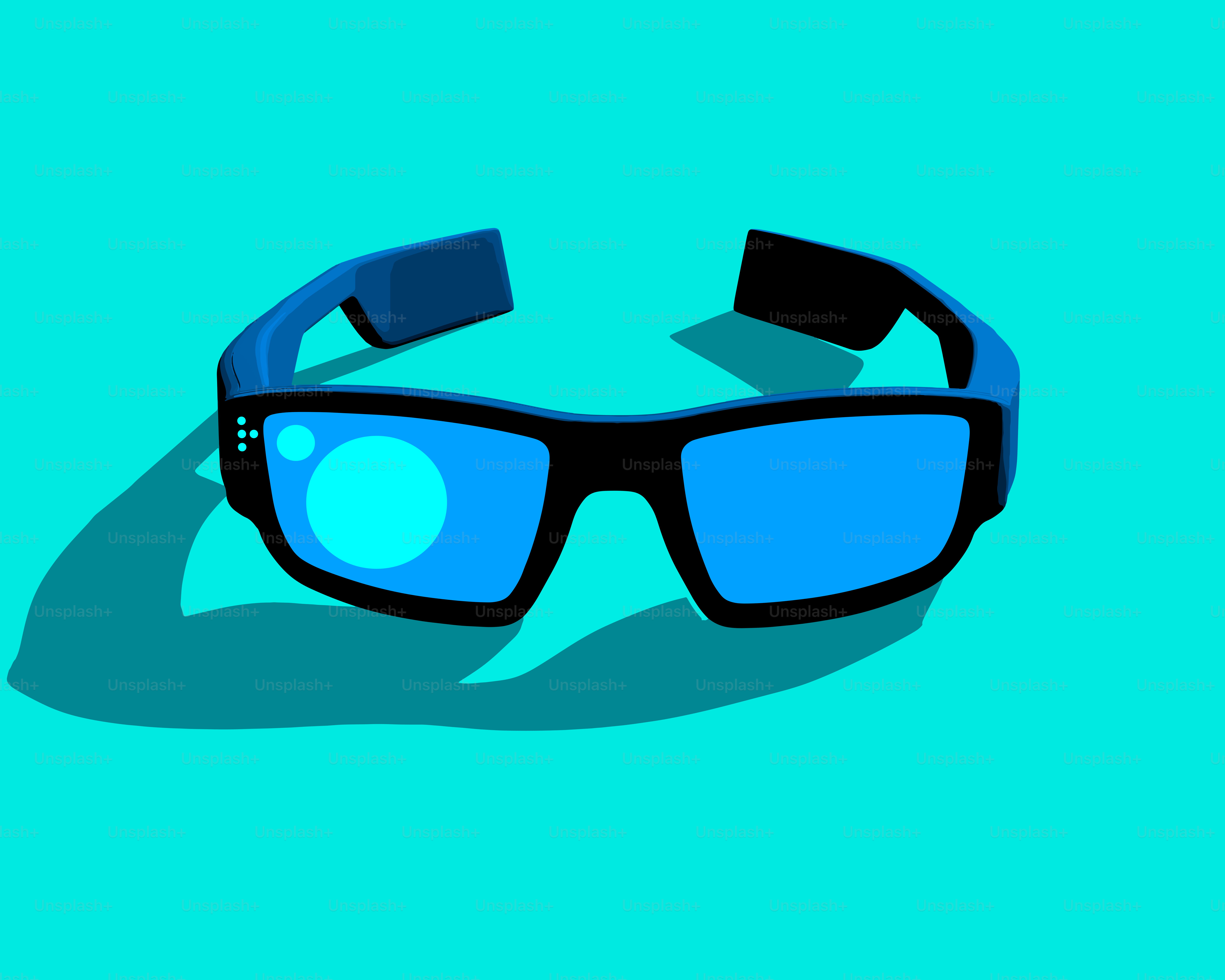 Des lunettes de soleil bleues projetant une ombre sur un fond sarcelle.