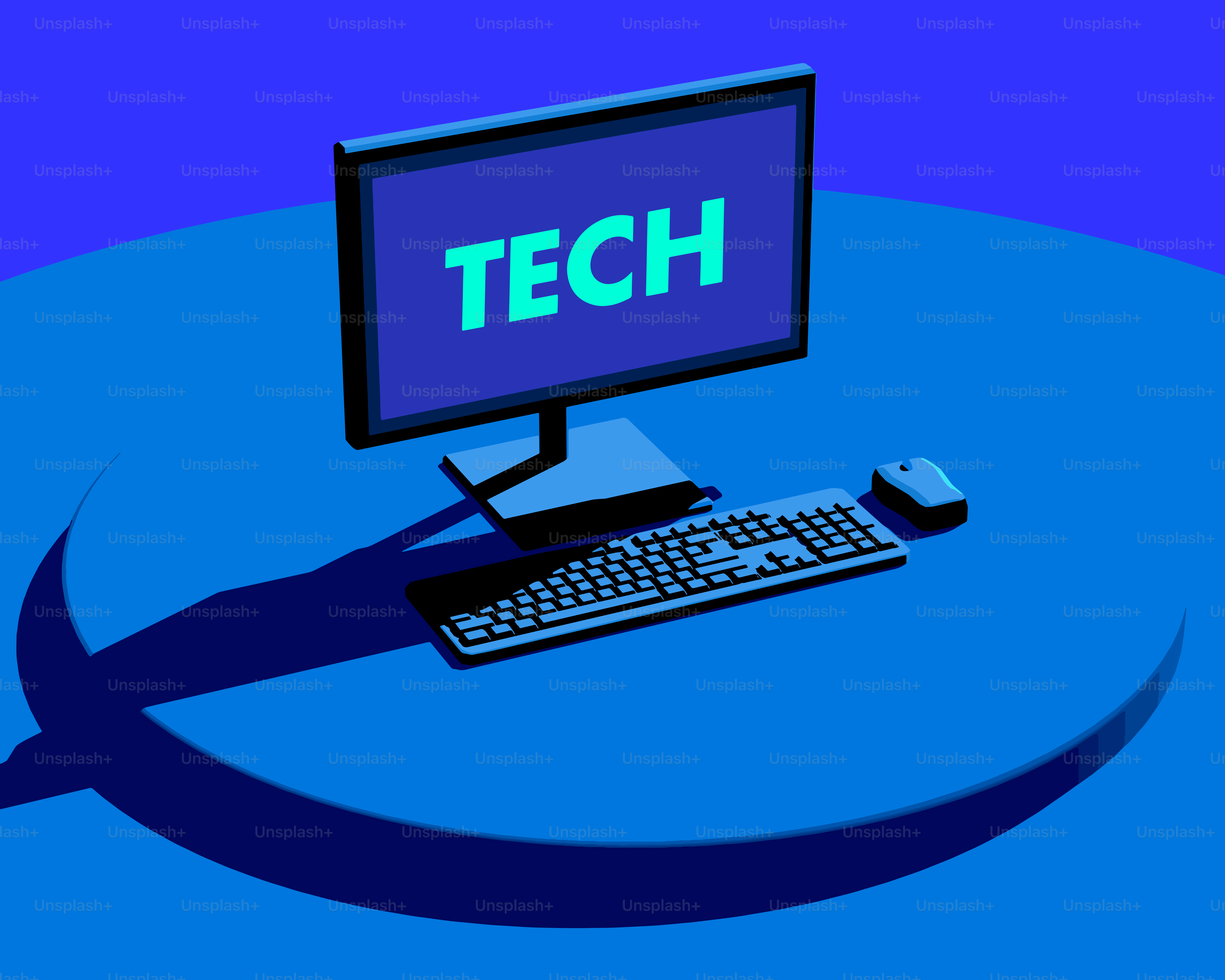 Computador desktop com a palavra tecnologia na tela