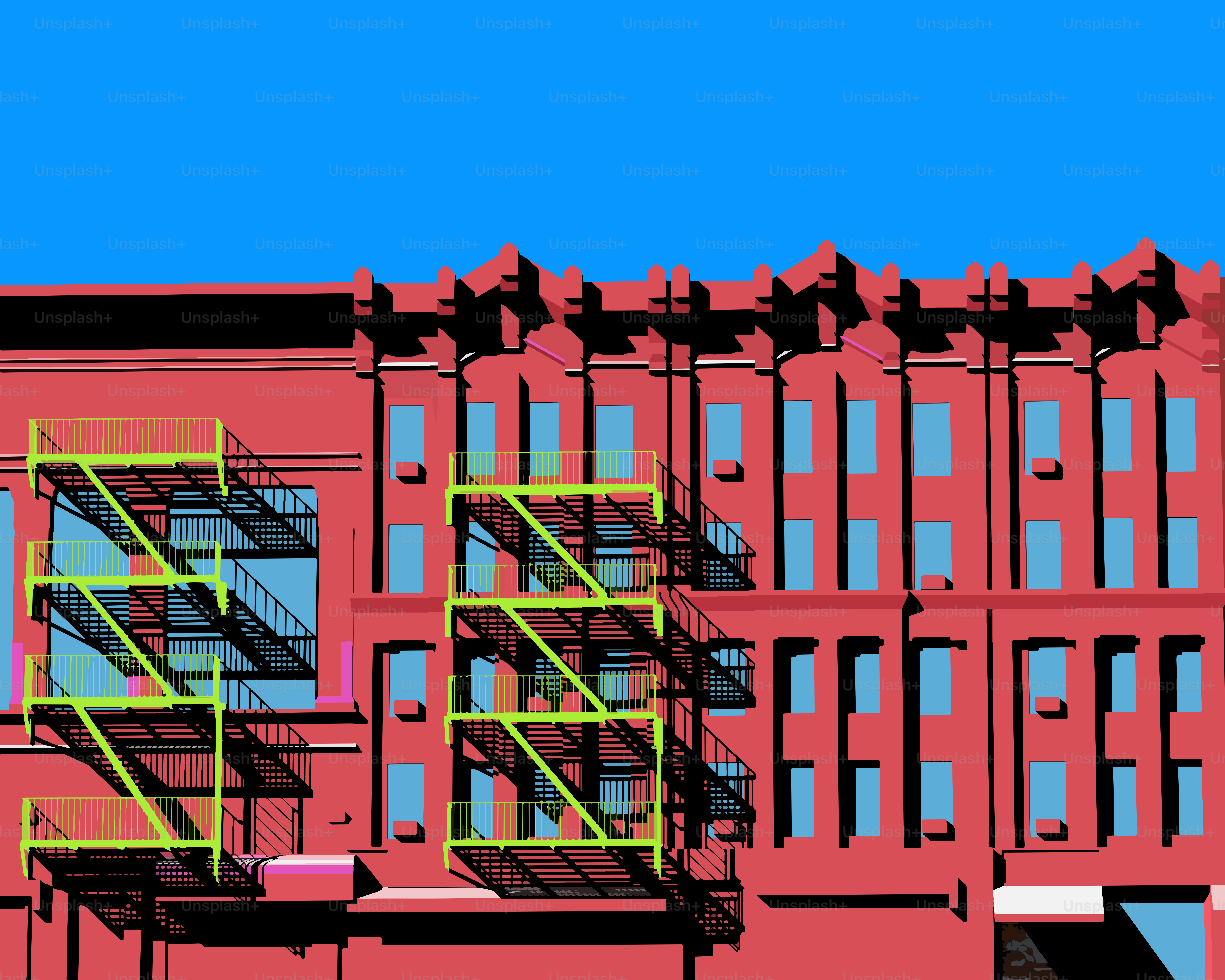 Rotes Backsteingebäude mit grünen Feuertreppen und blauem Himmel.