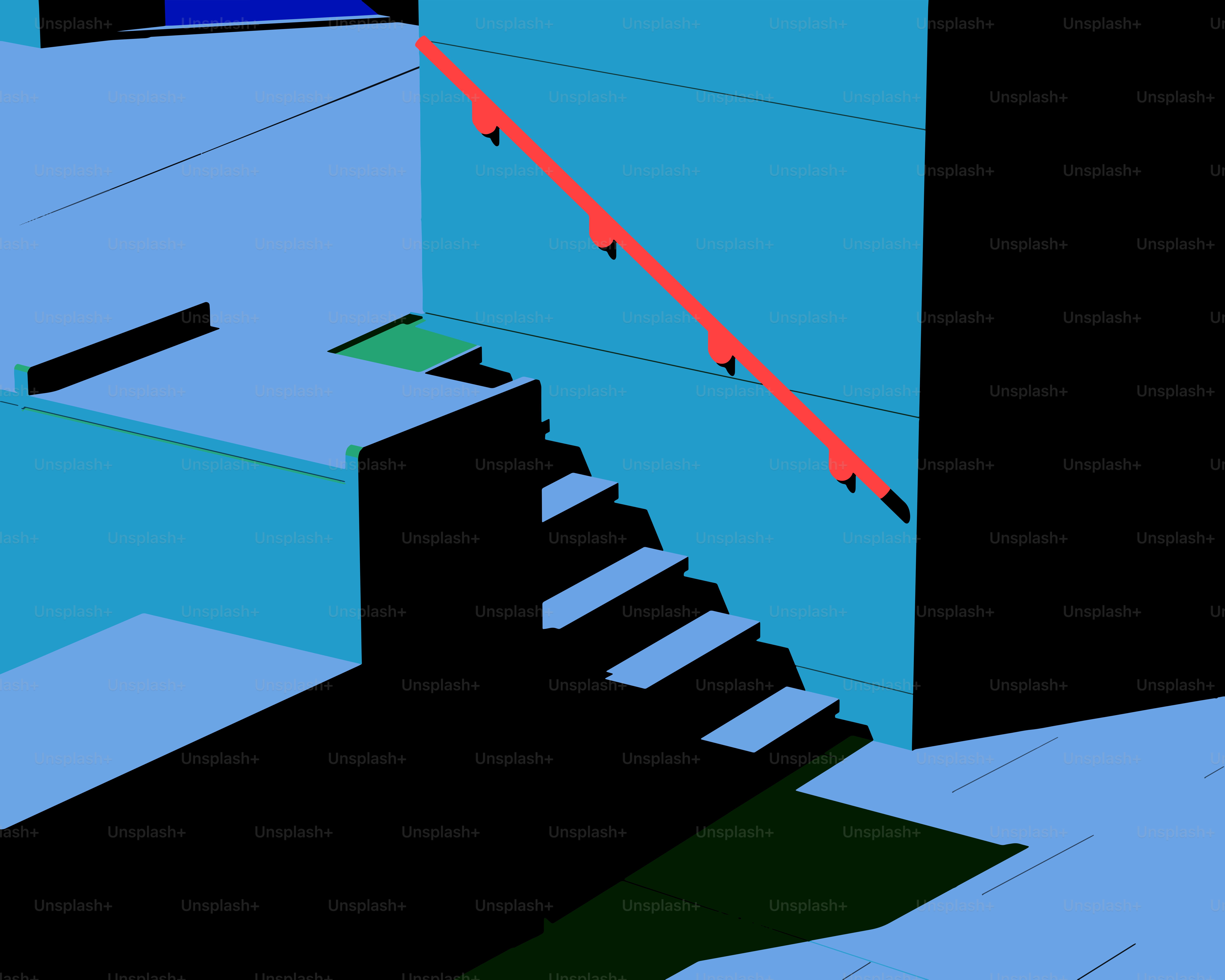 Abstract stairs with red handrail against blue wall