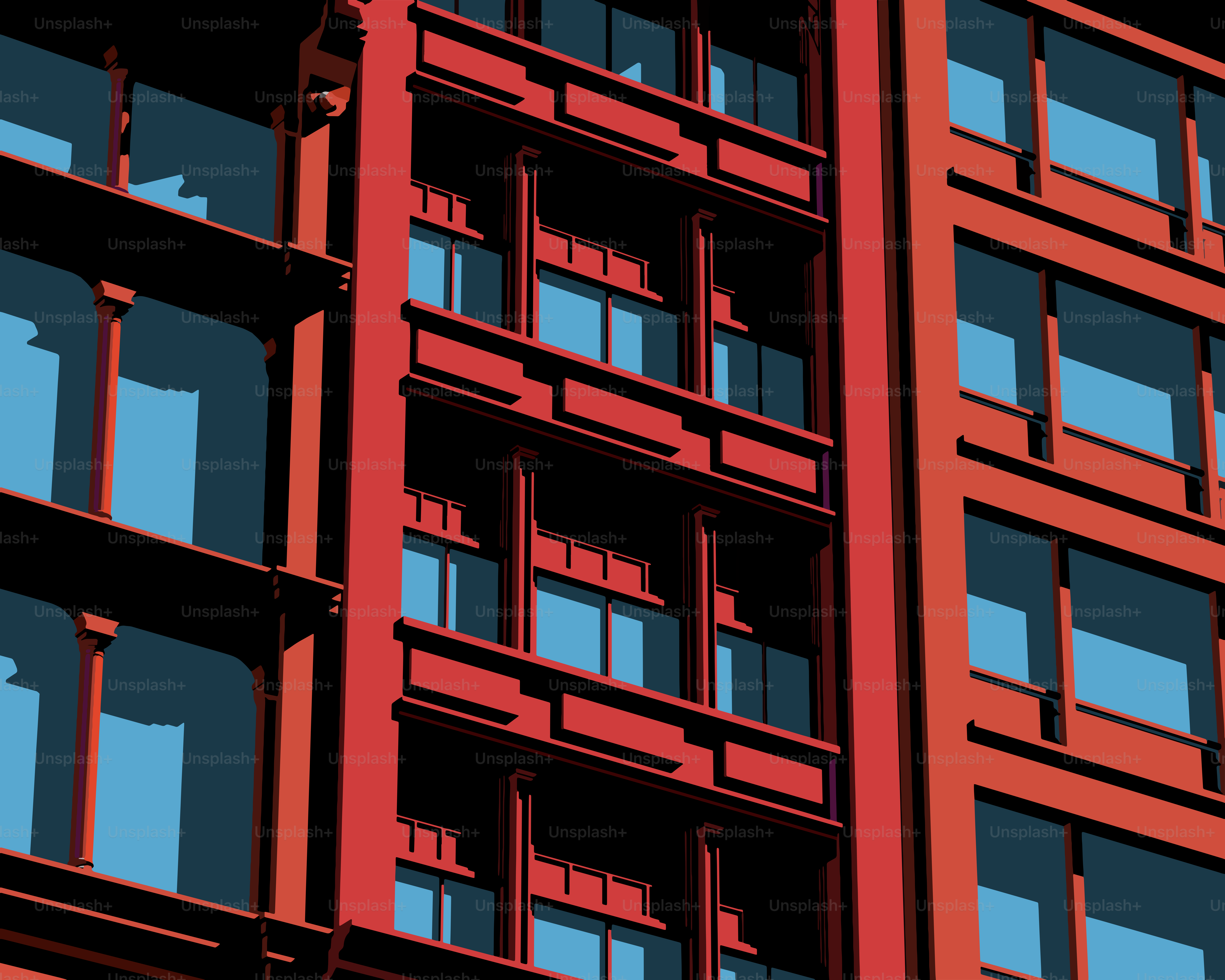 Red building with many blue windows
