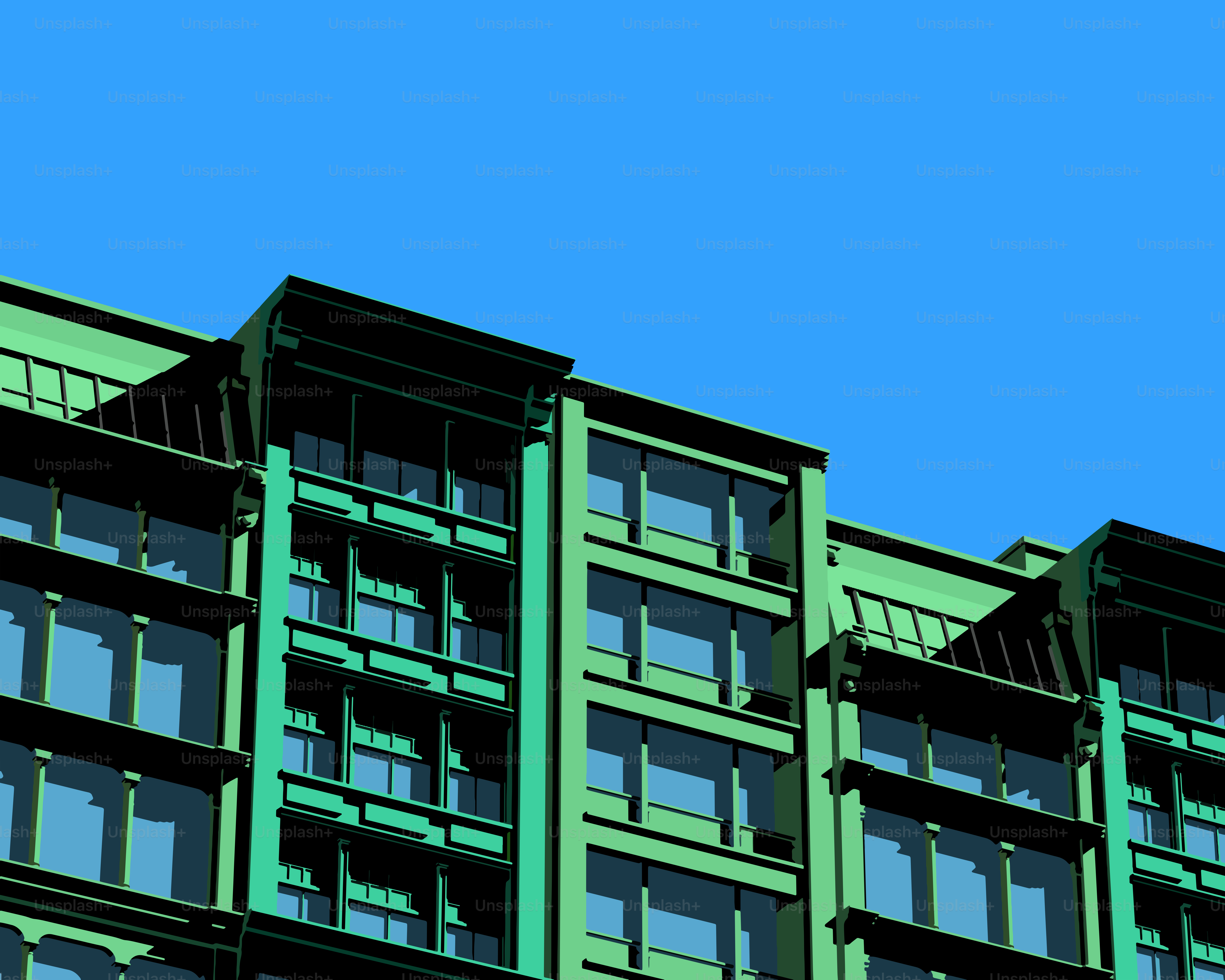 Fachada verde do edifício contra um céu azul brilhante