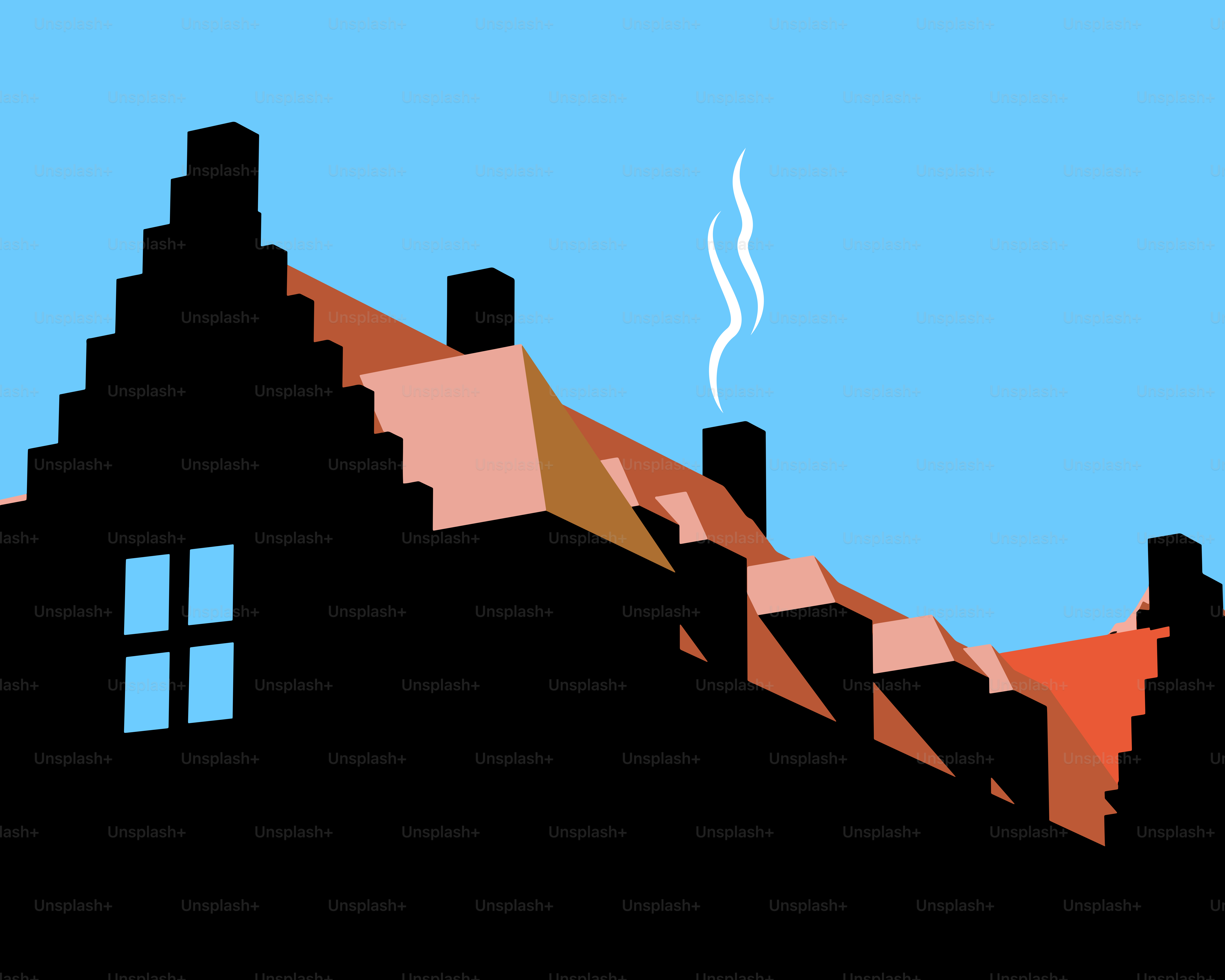 Silhouette of rooftops with smoke rising