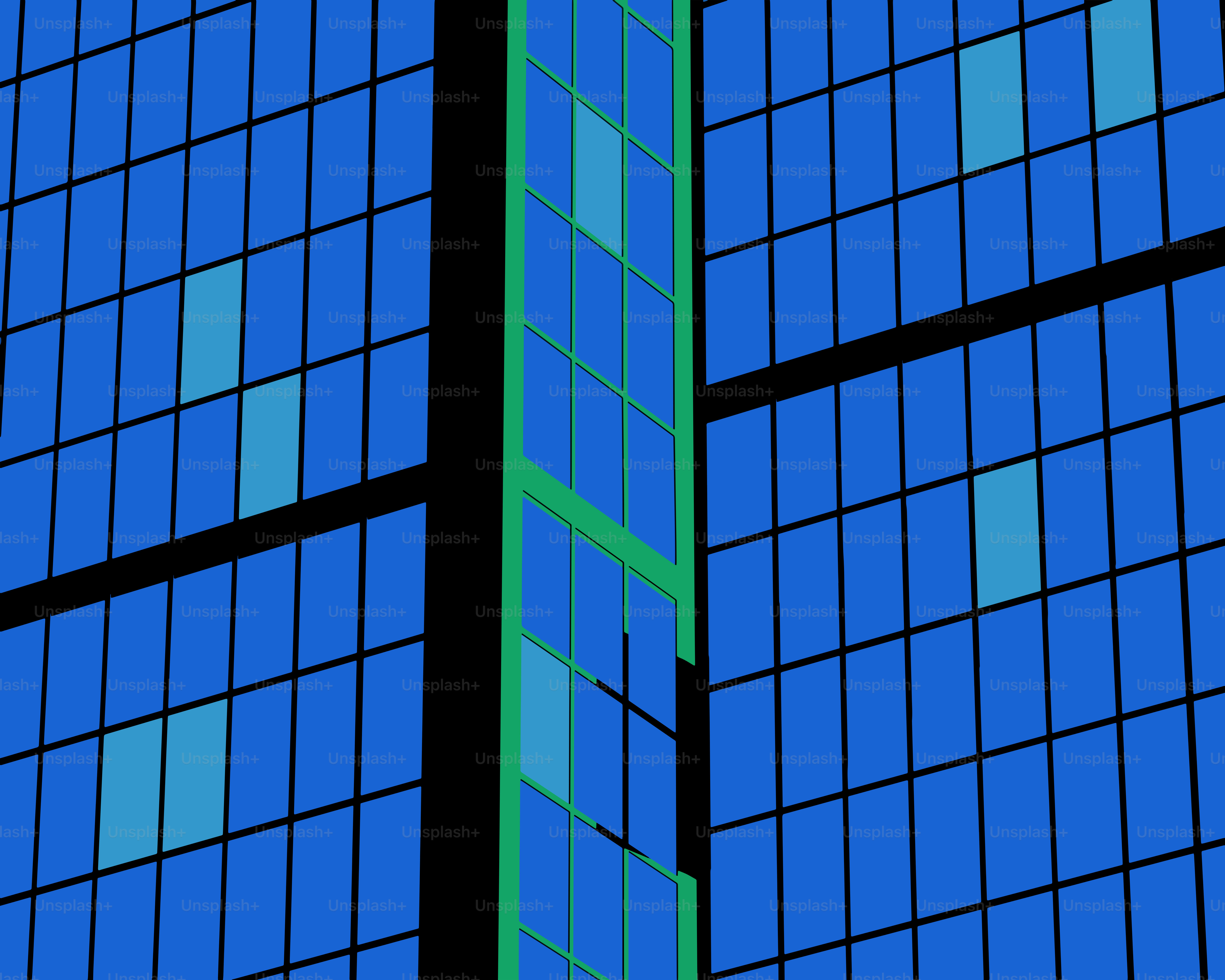 Modern blue glass building with green accents