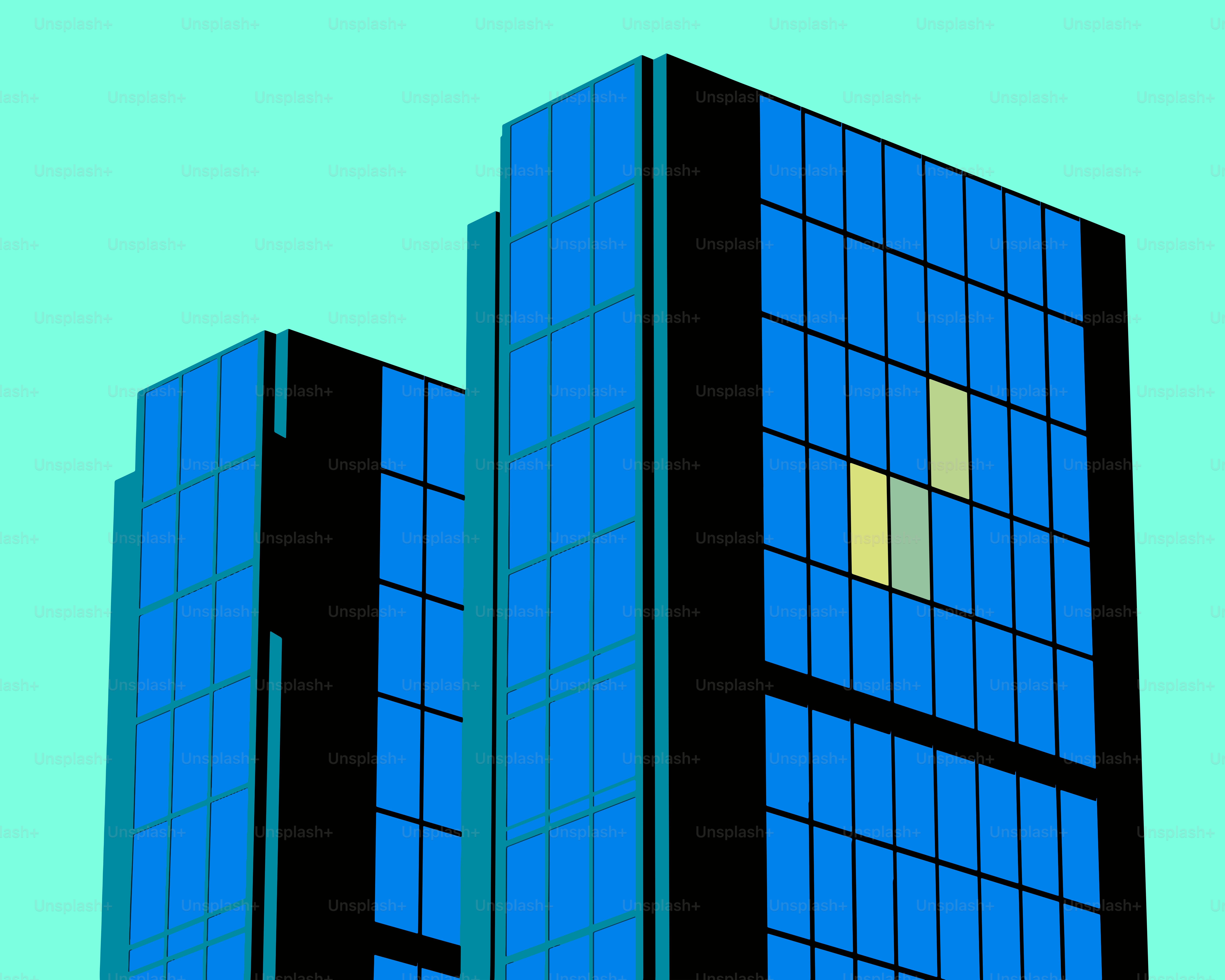 Modern blue glass skyscrapers against a teal sky.