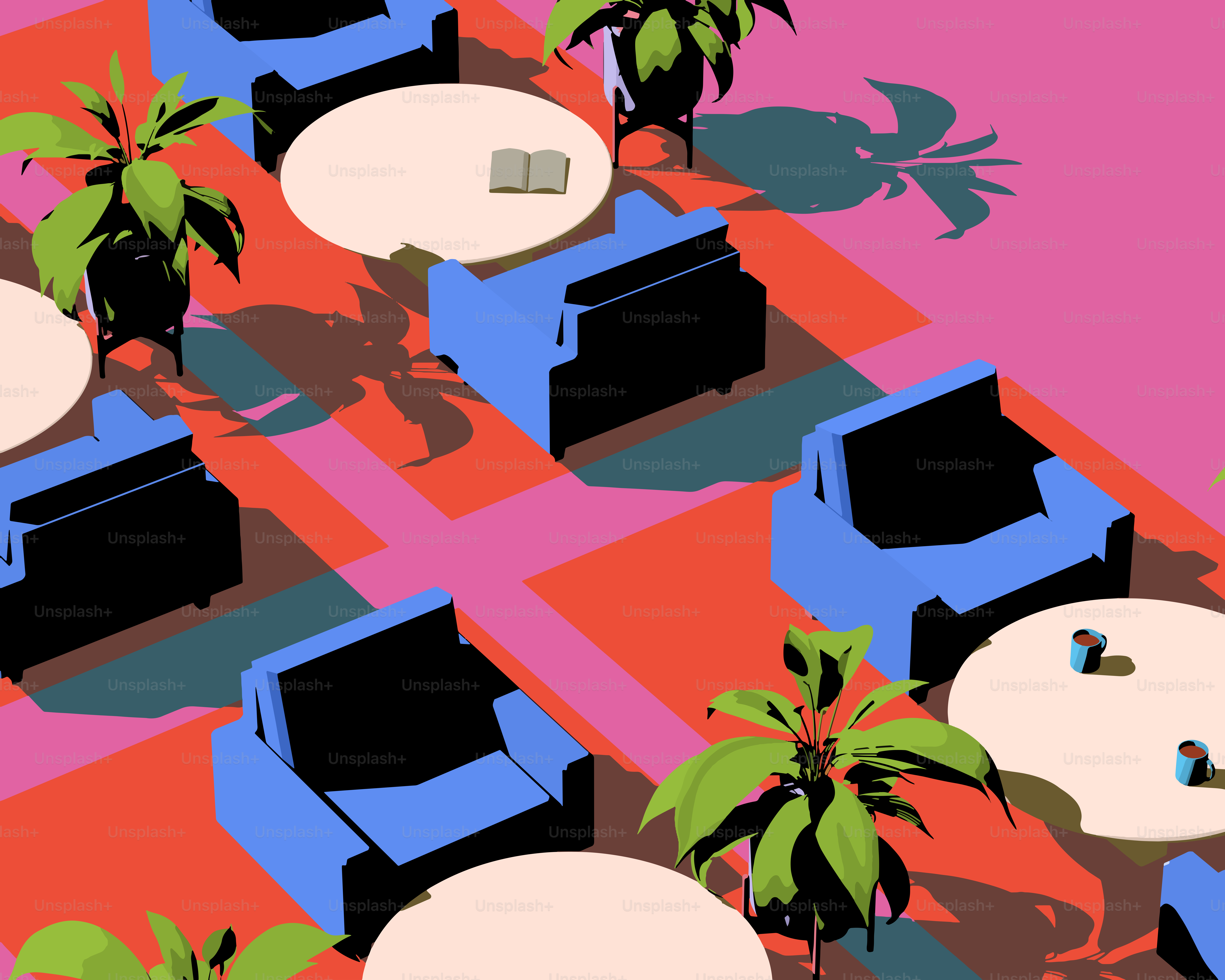 Moderner Loungebereich mit blauen Stühlen und Pflanzen