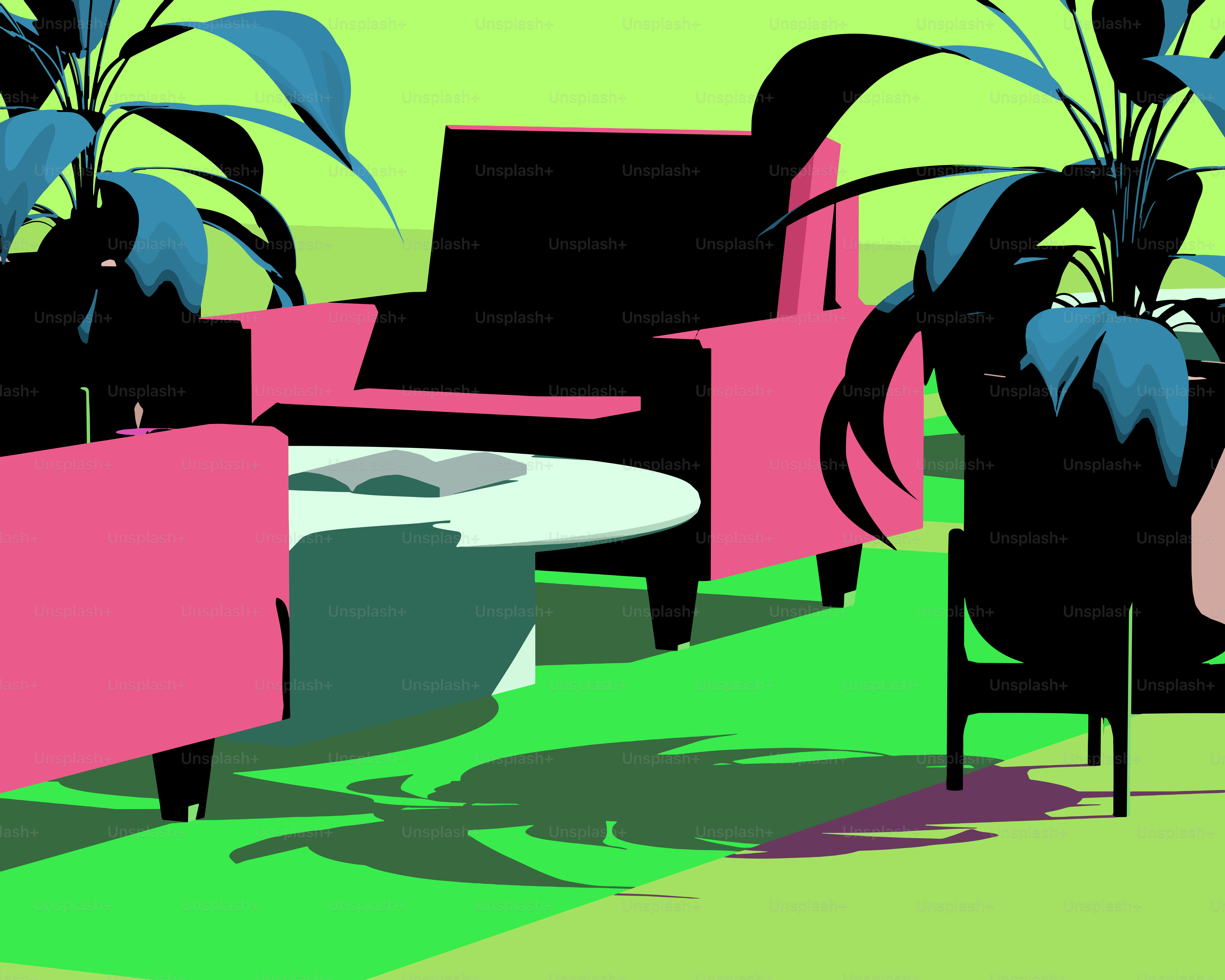 Pink chairs and table with plants in a green setting.