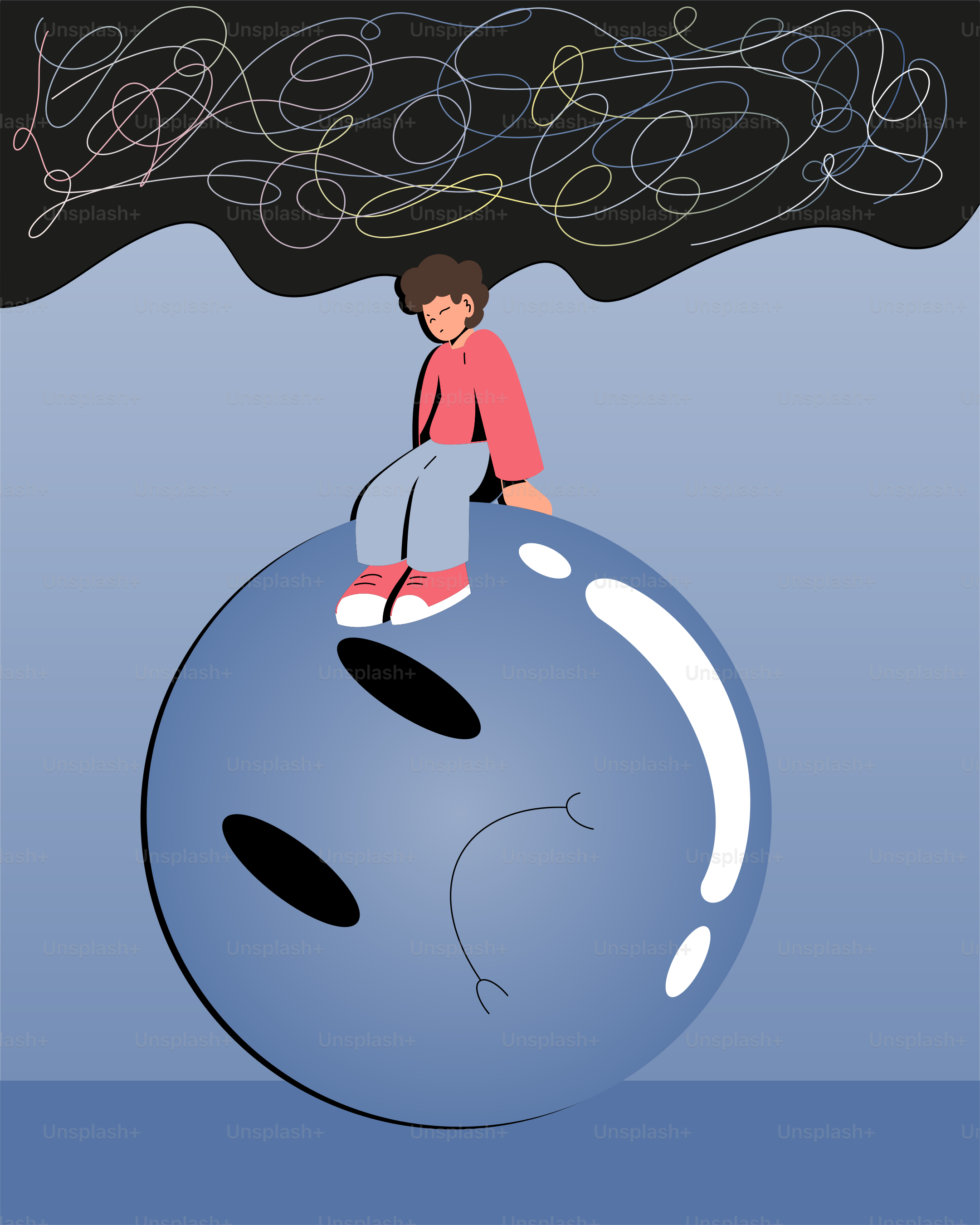 Person sitting on a sad moon under chaotic sky vector – Illustration ...
