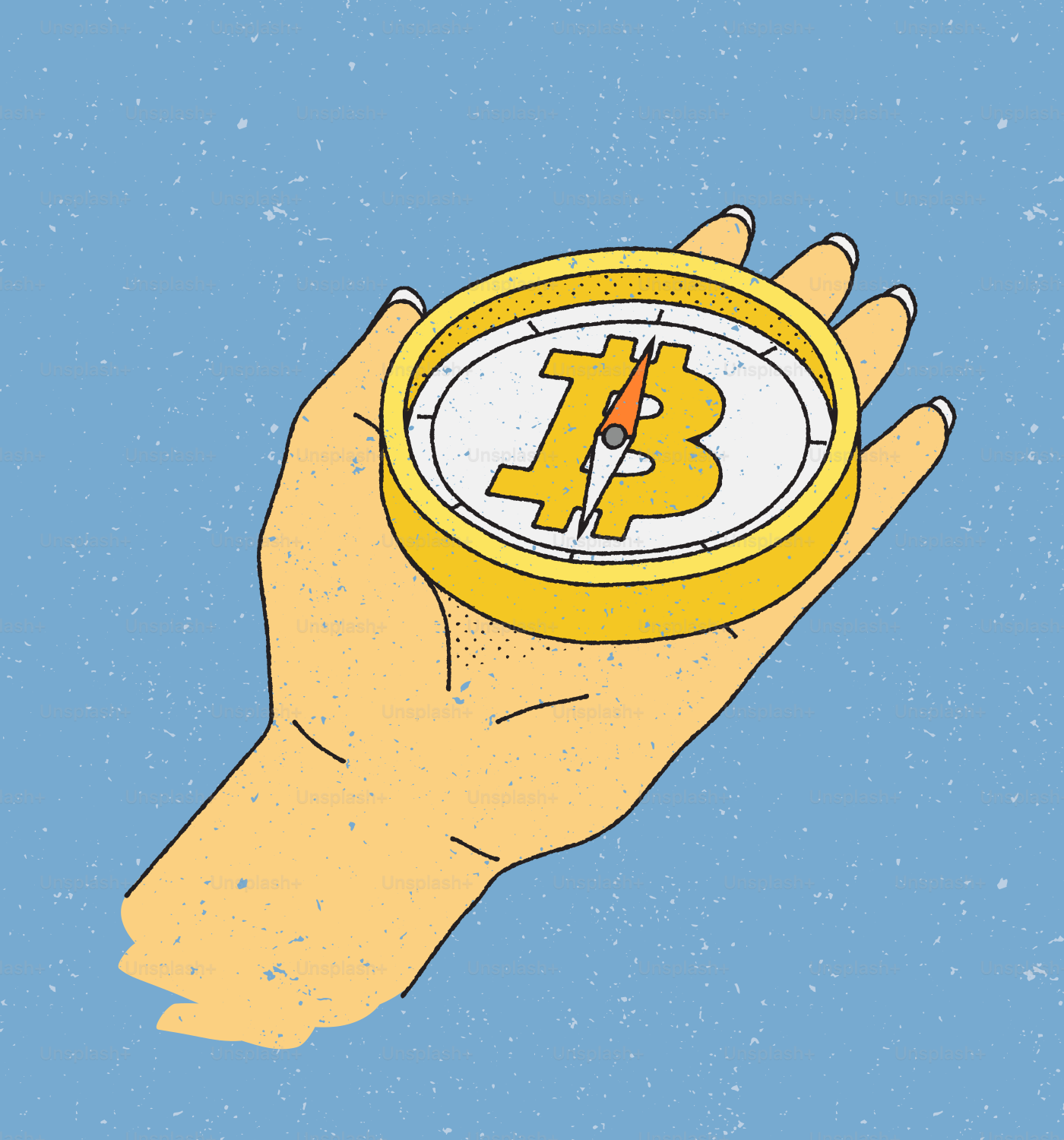 Hand holding a compass with bitcoin symbol