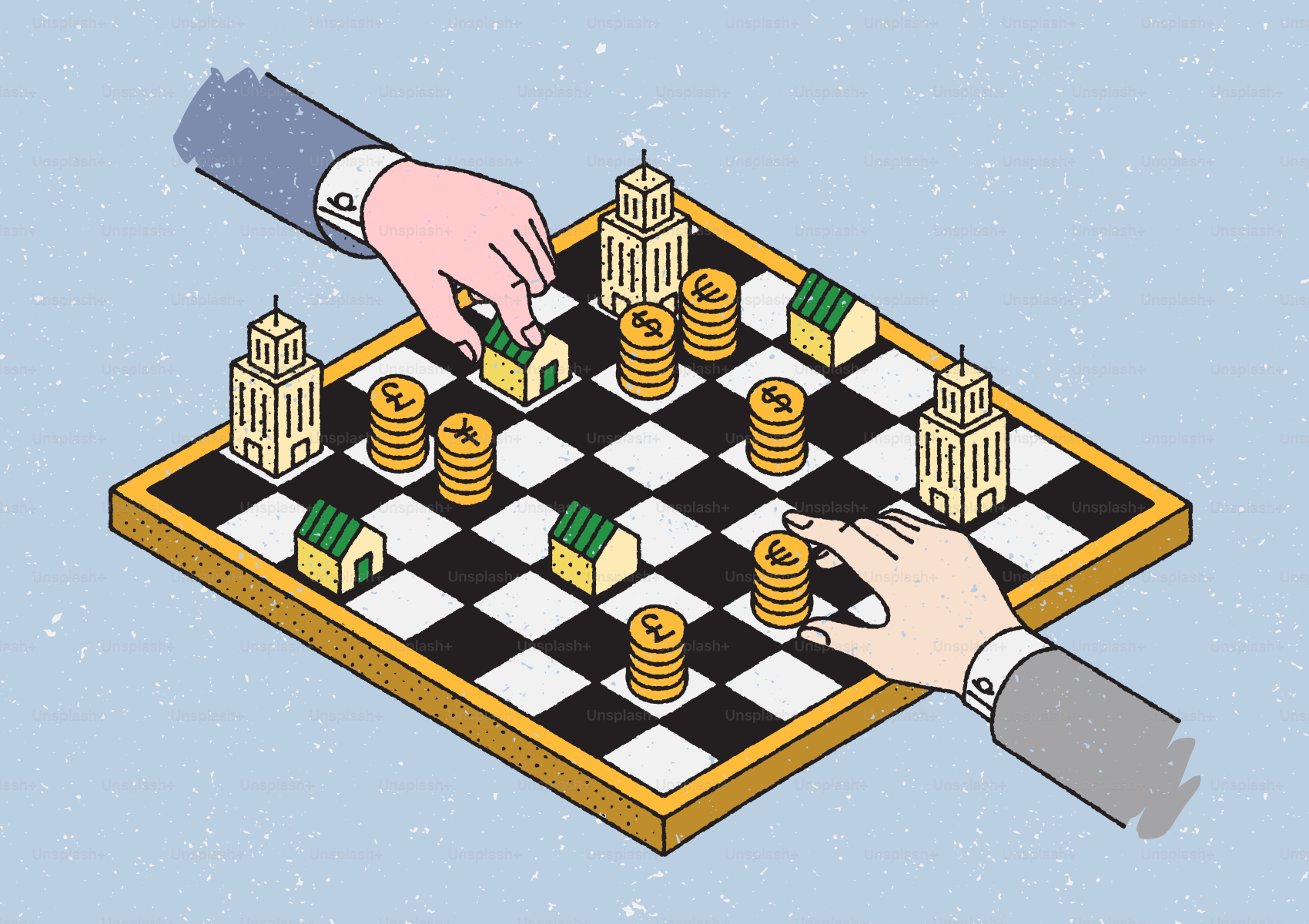 Hands playing a strategic game on a chessboard.
