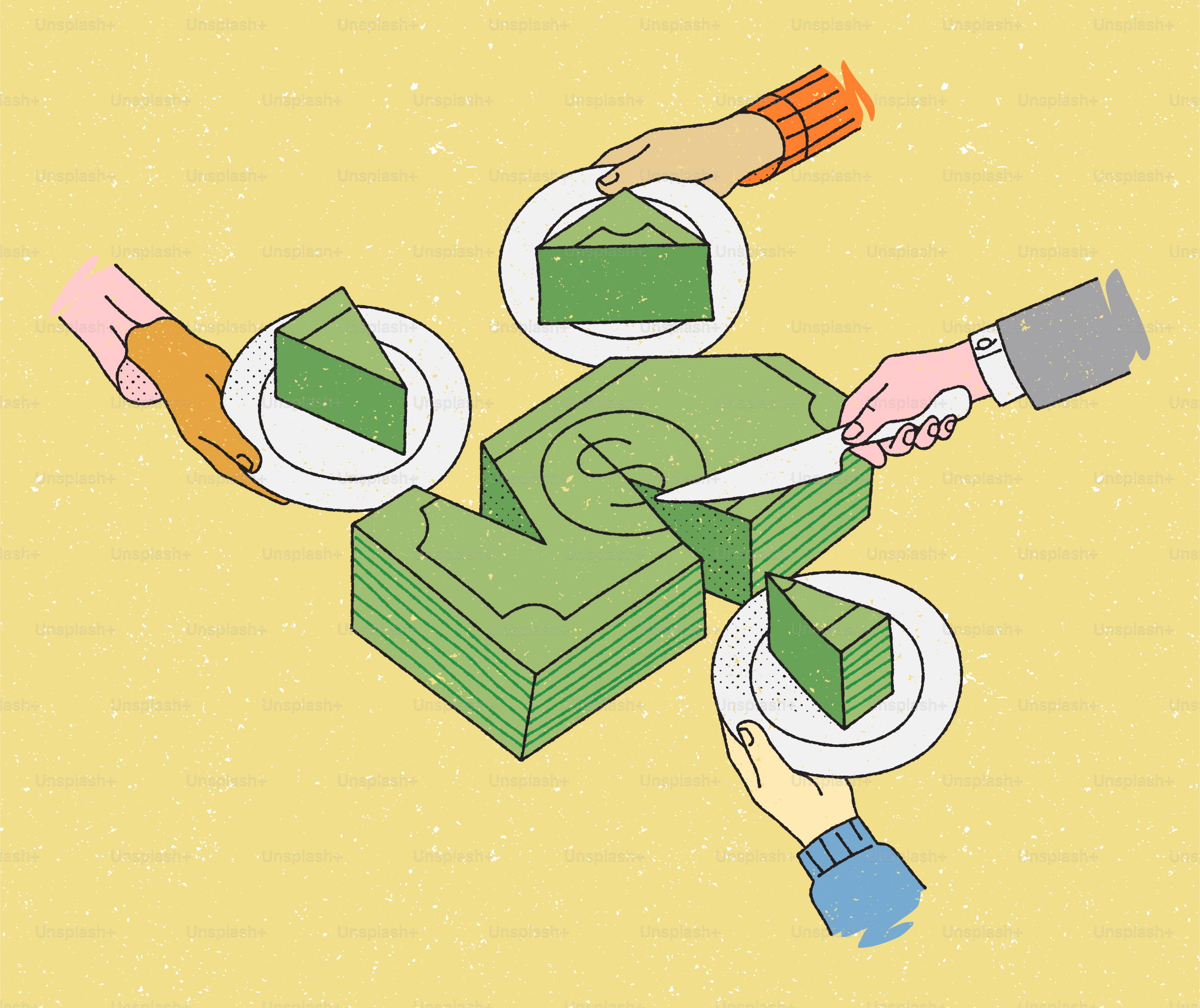 Hands cutting and serving money like a cake.