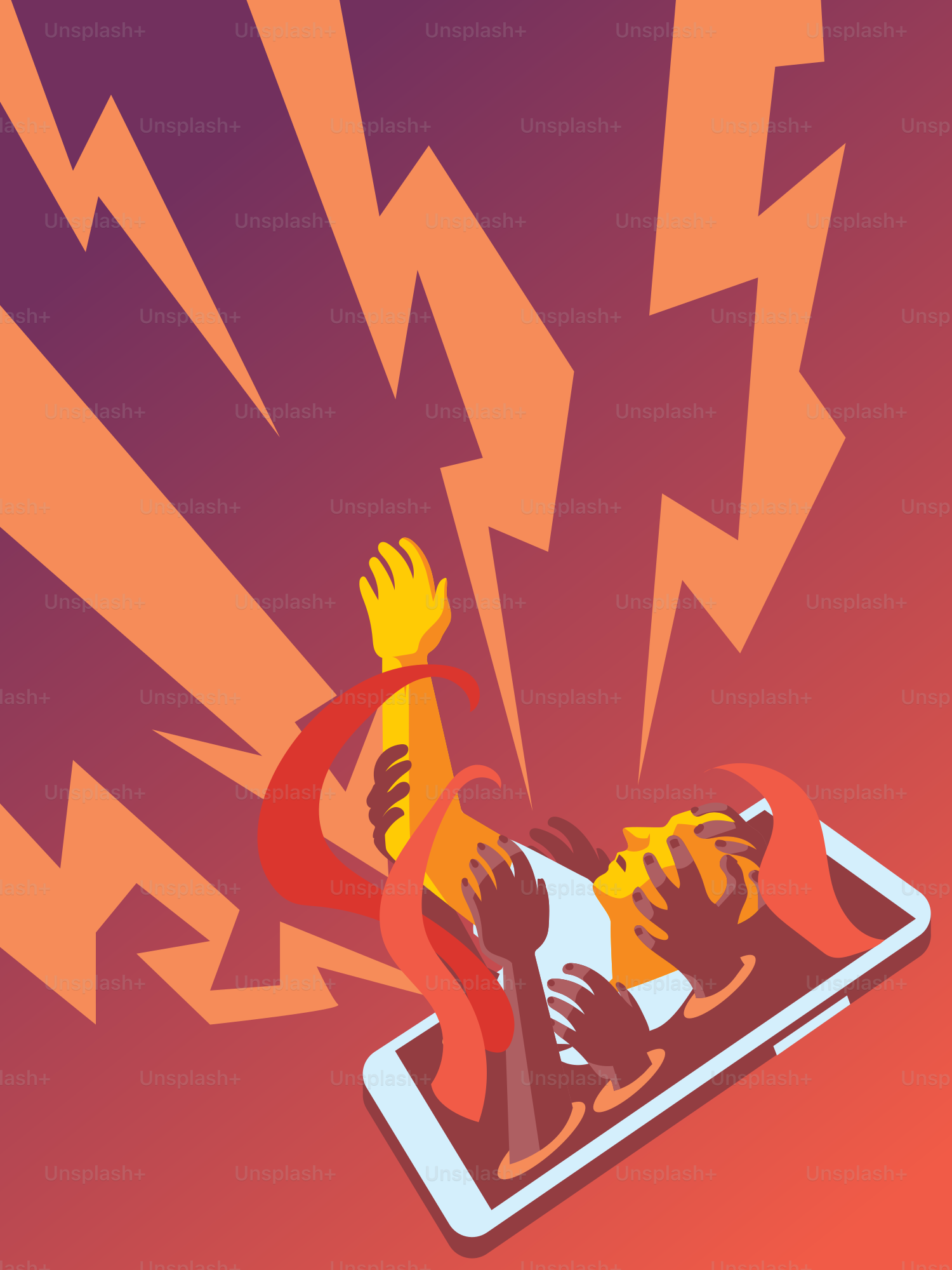 Hands reaching out from smartphone screen with lightning background