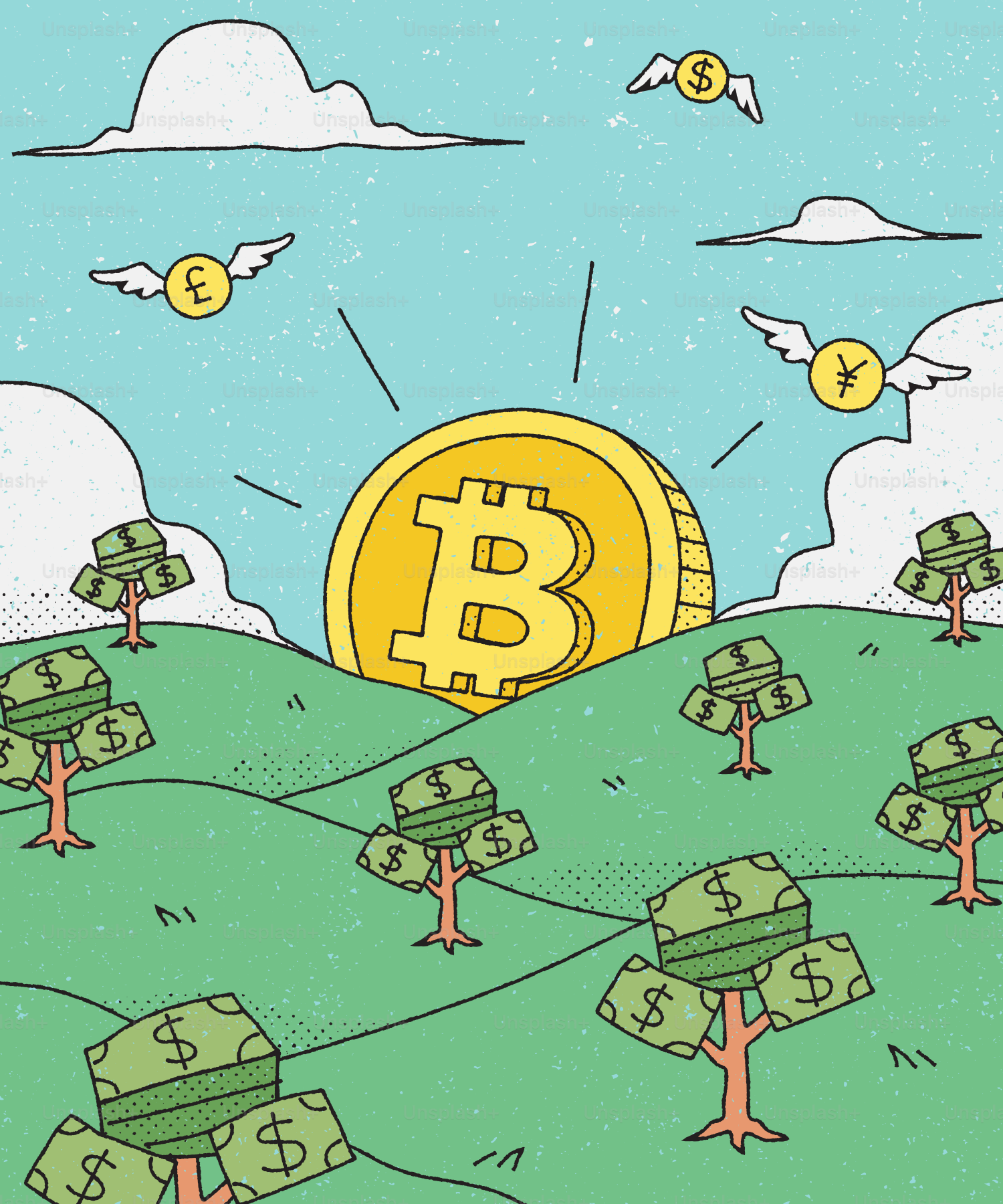 Bitcoin e símbolos de moeda voam sobre árvores de dinheiro.
