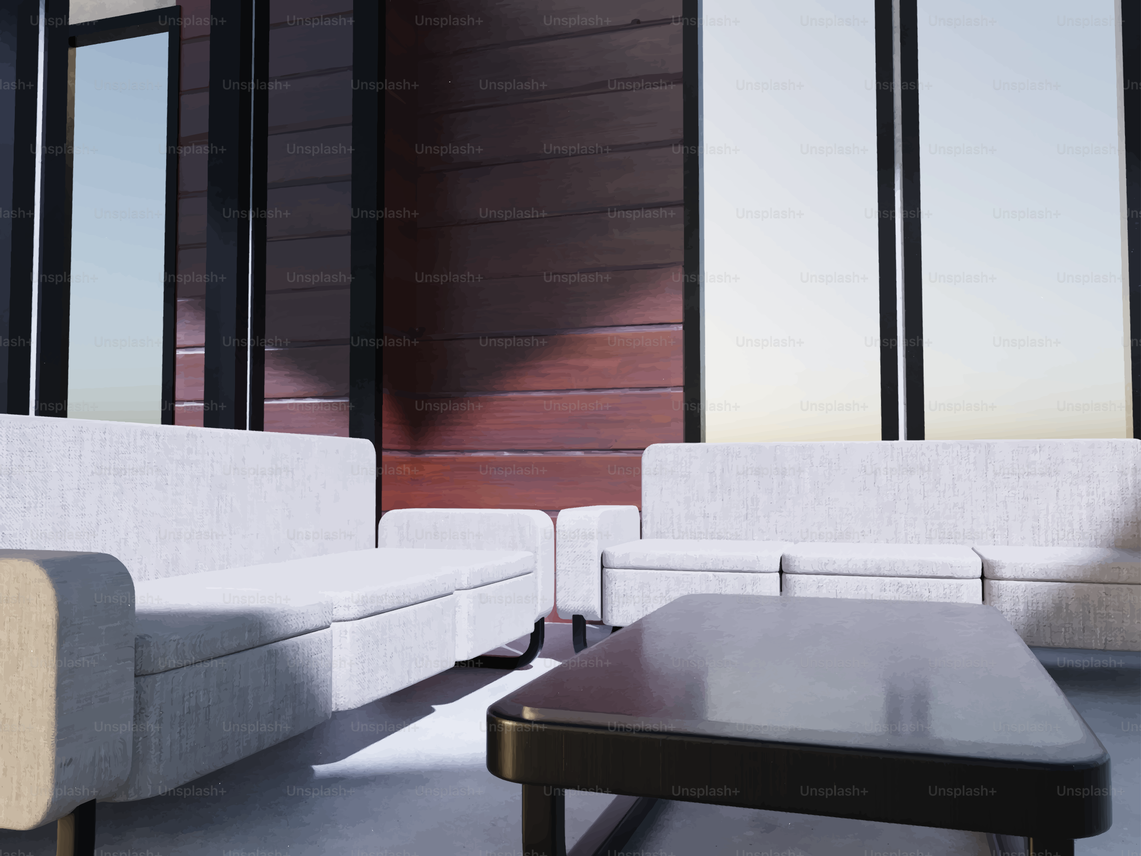 Modern living room with white sofas and coffee table.