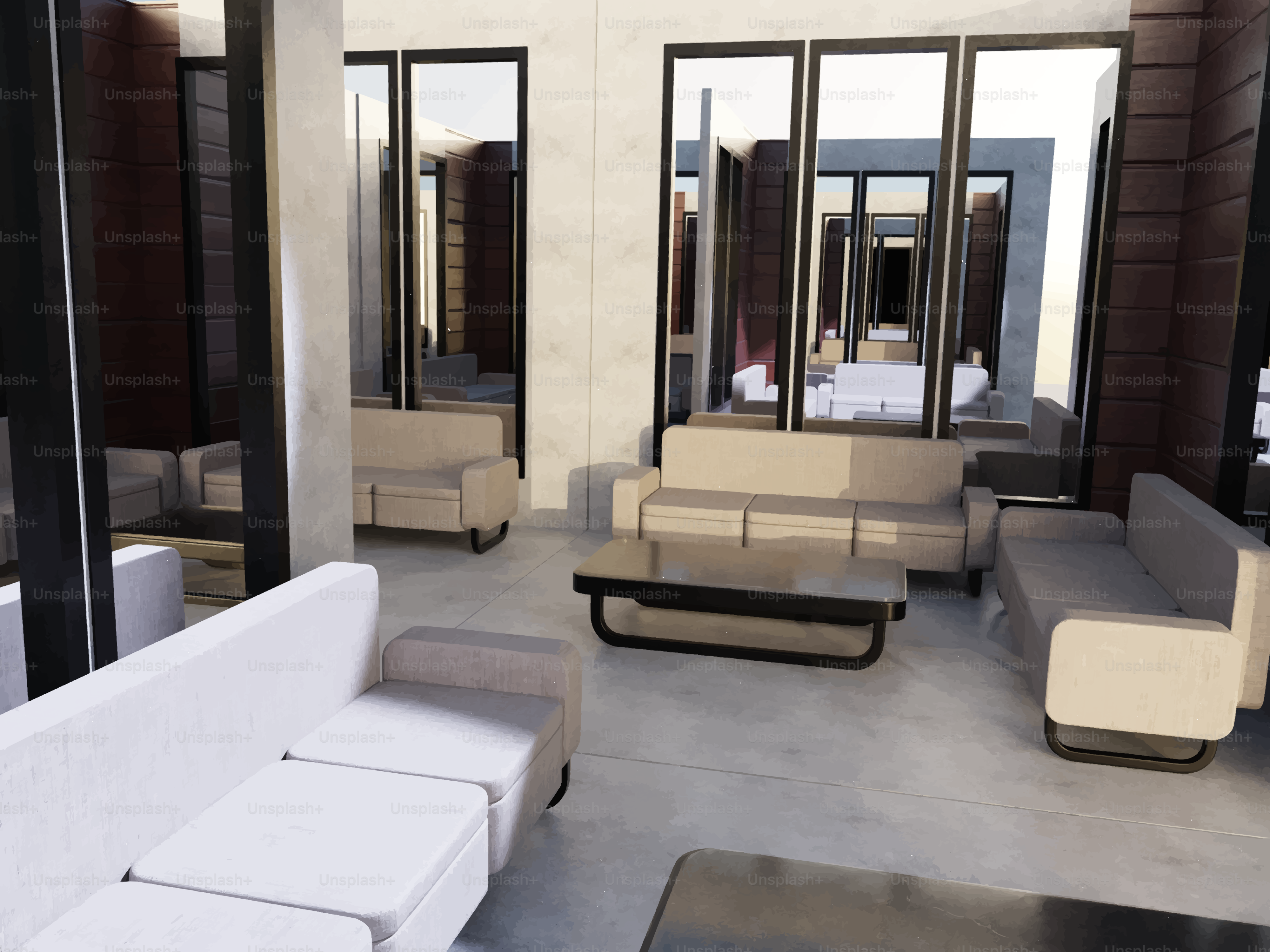 Modern living room with comfortable sofas and glass windows.