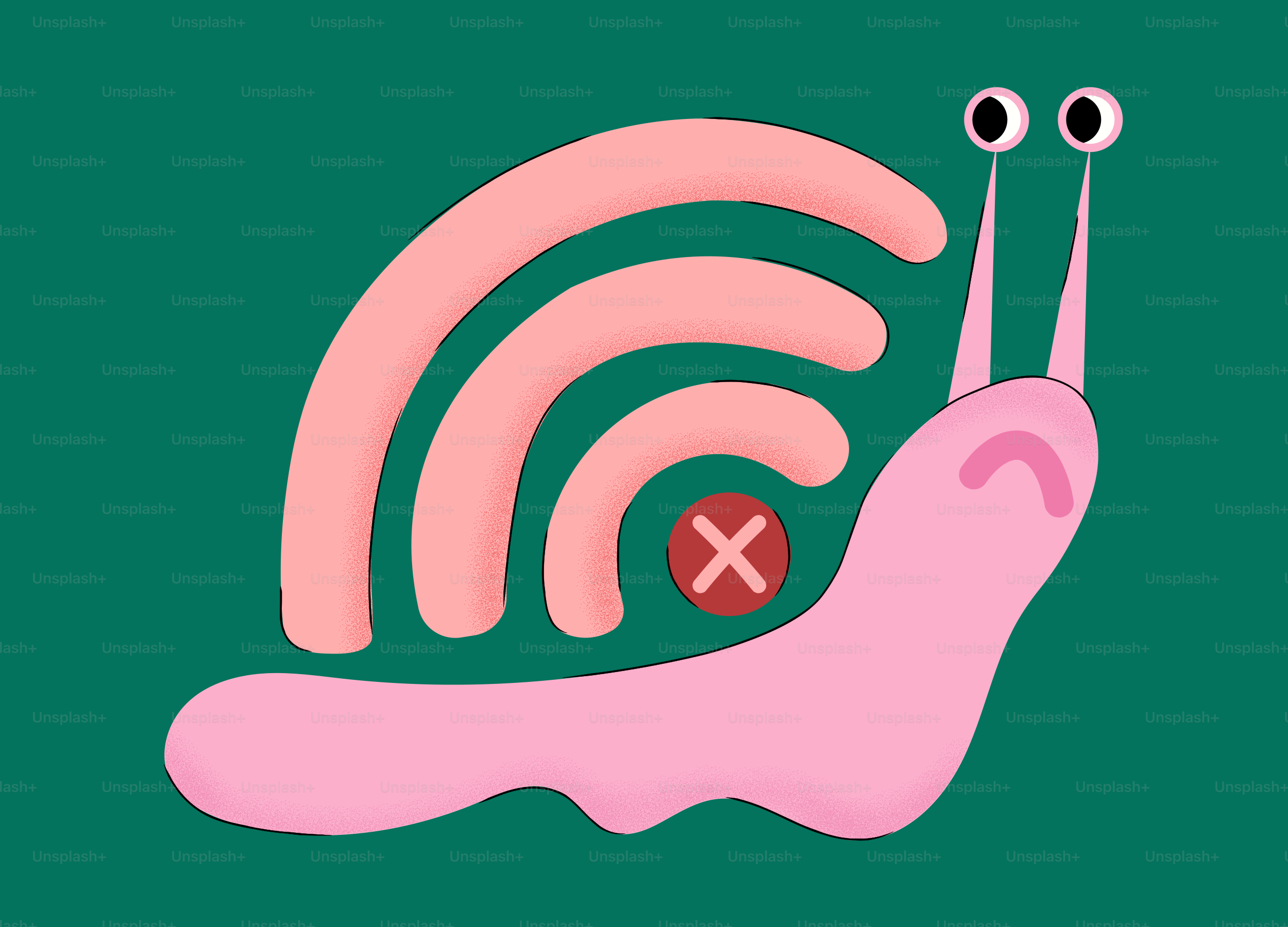 Escargot rose avec symbole wifi et croix rouge.