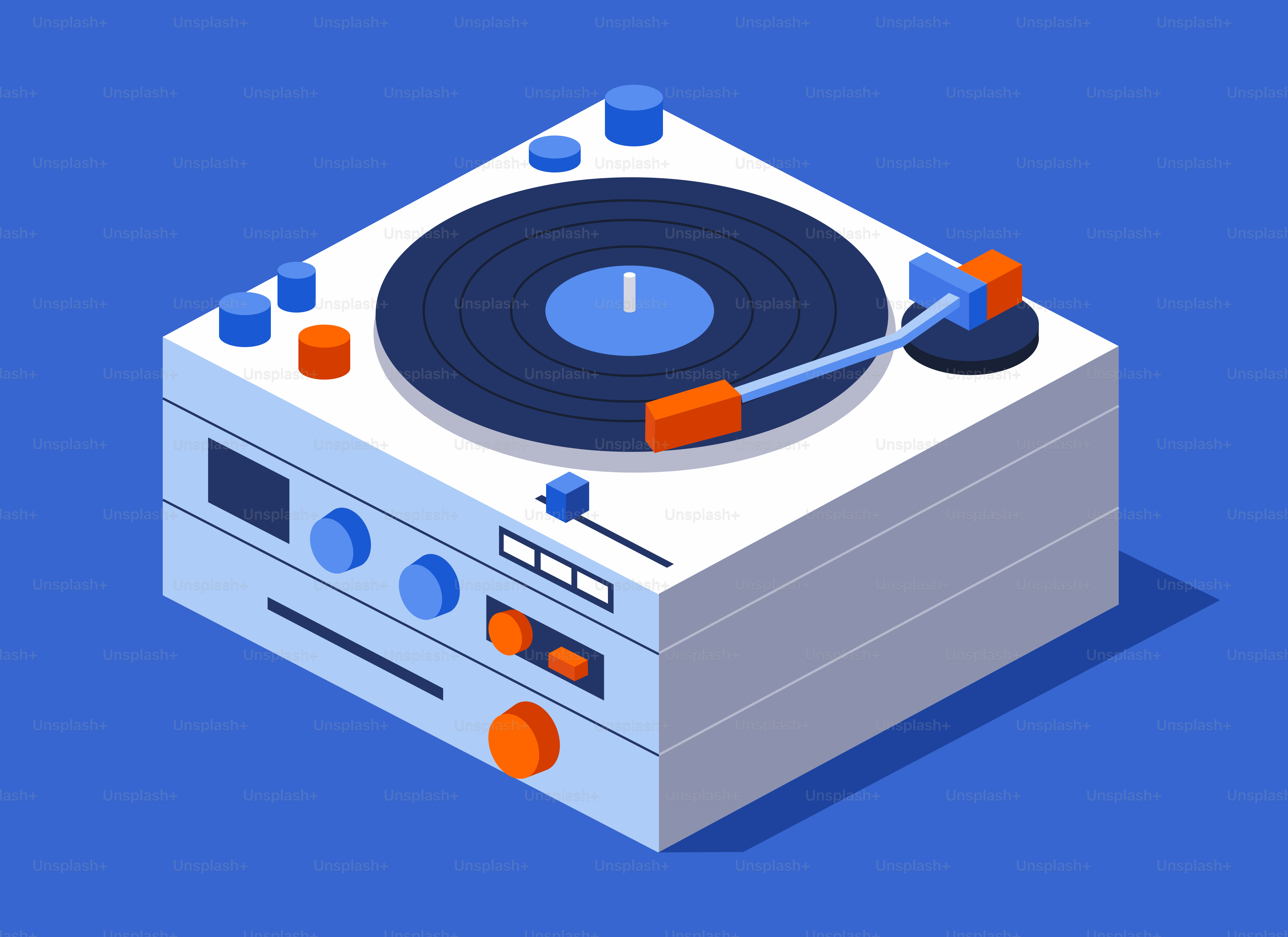 A white turntable with blue and orange accents.