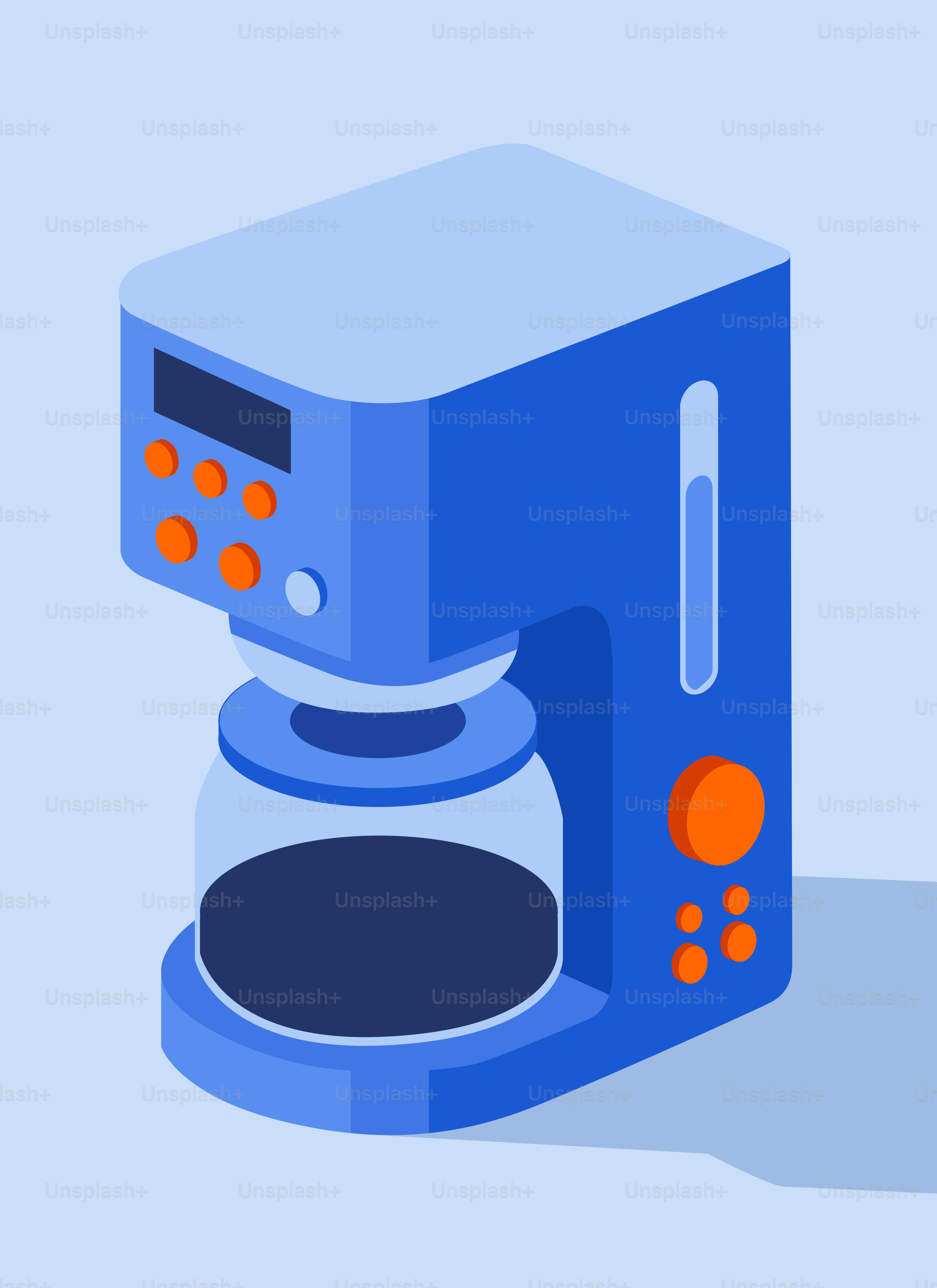 Blue coffee maker with glass carafe and digital display