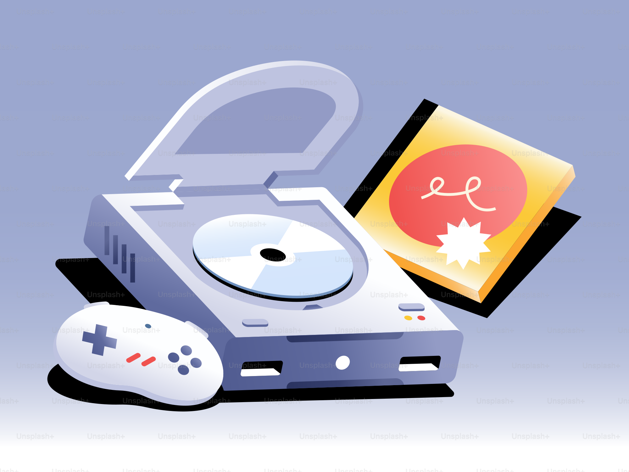 A retro gaming console with controller and game disc