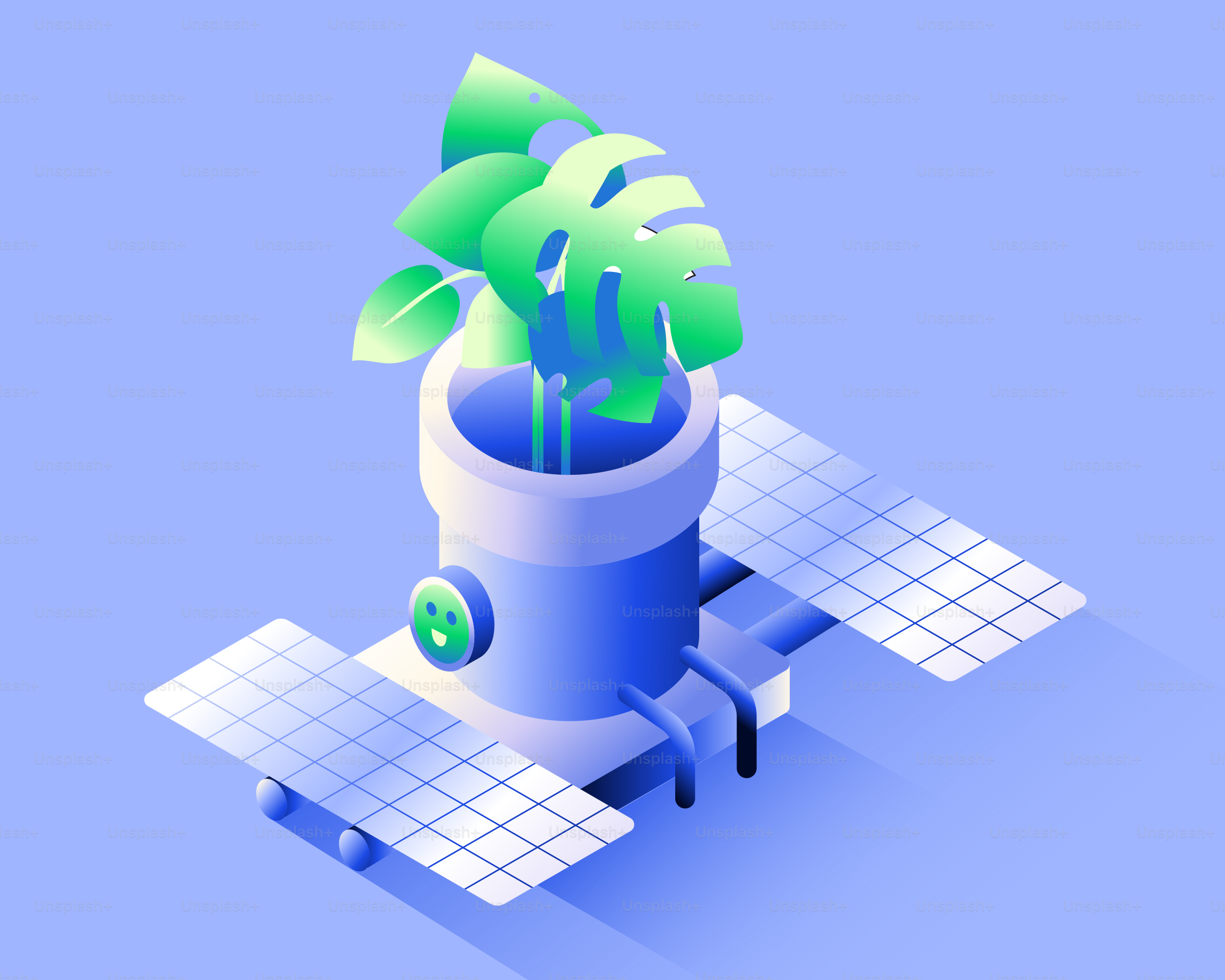 A stylized plant in a futuristic pot with solar panels
