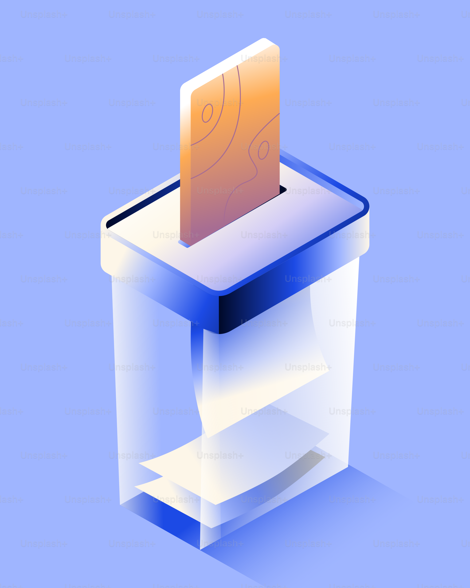 Ballot box with paper ballots on blue background