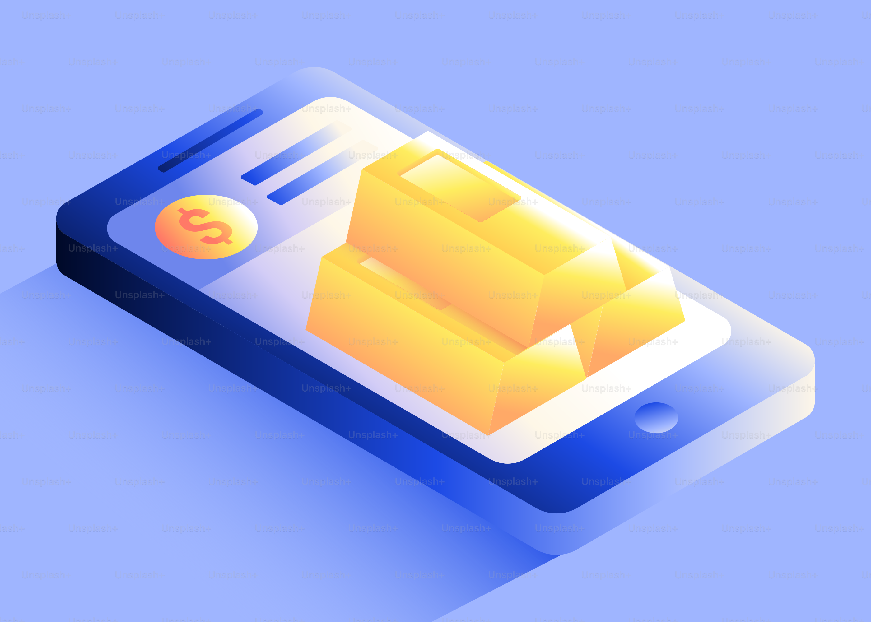 Smartphone displaying gold bars and dollar sign.