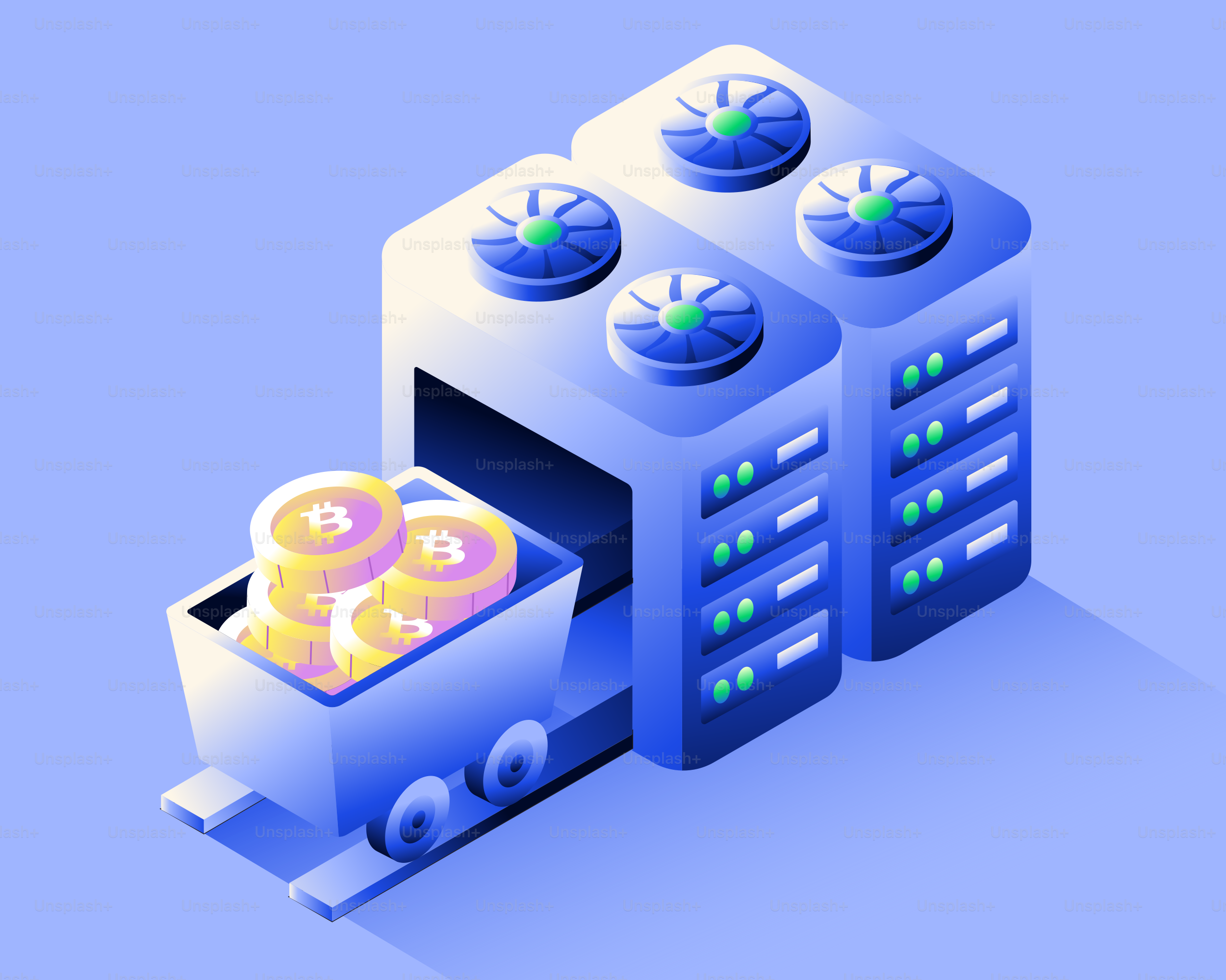 코인이 가득 실린 카트가 든 비트코인 채굴 장비 벡터 – Unsplash의 기술 이미지