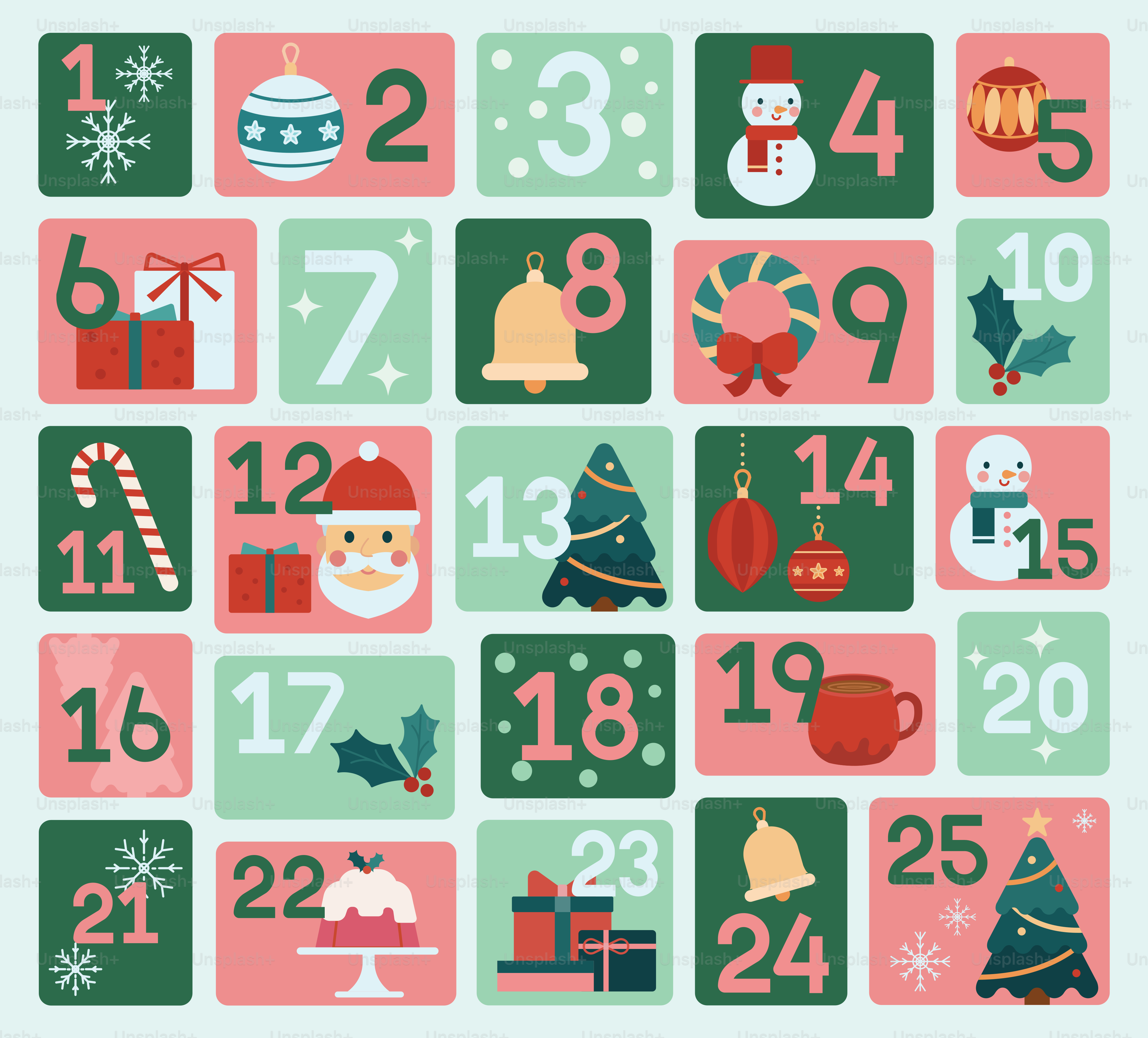 Calendário do advento de Natal com ícones festivos e quadrados numerados
