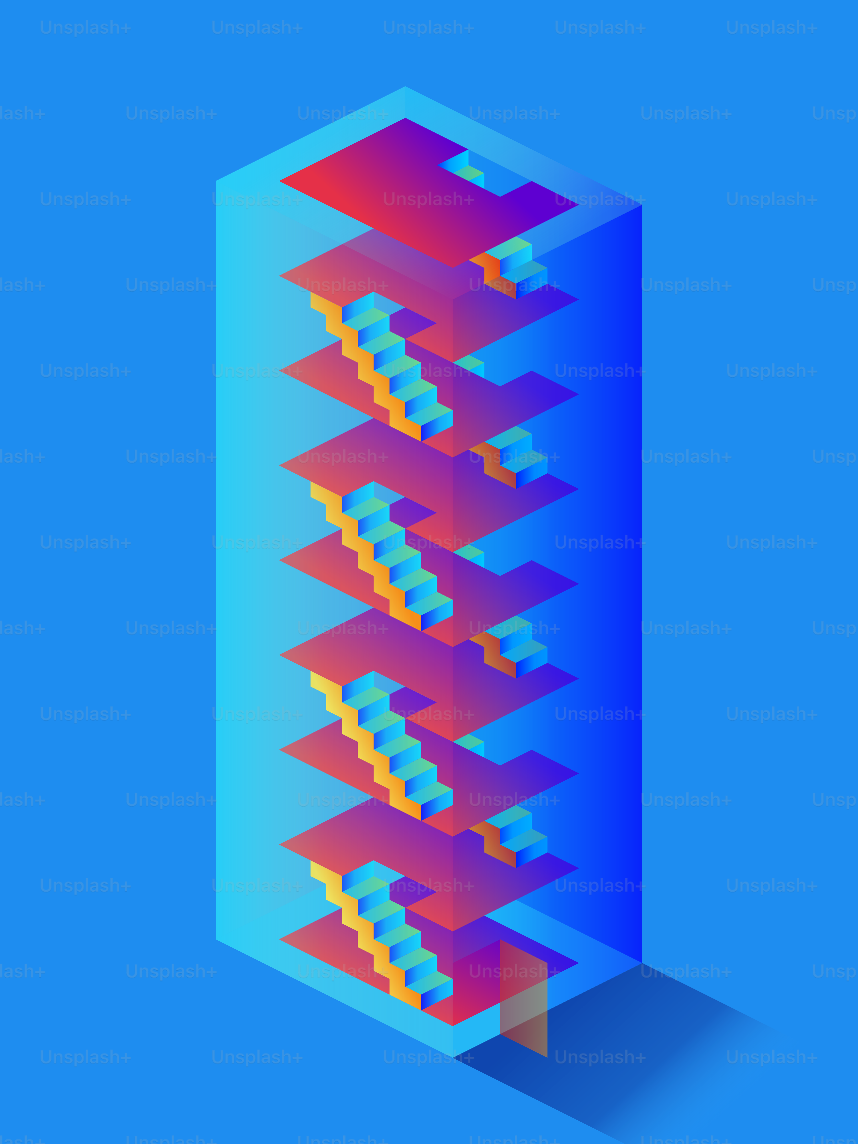 Abstract isometric building with colorful stairs