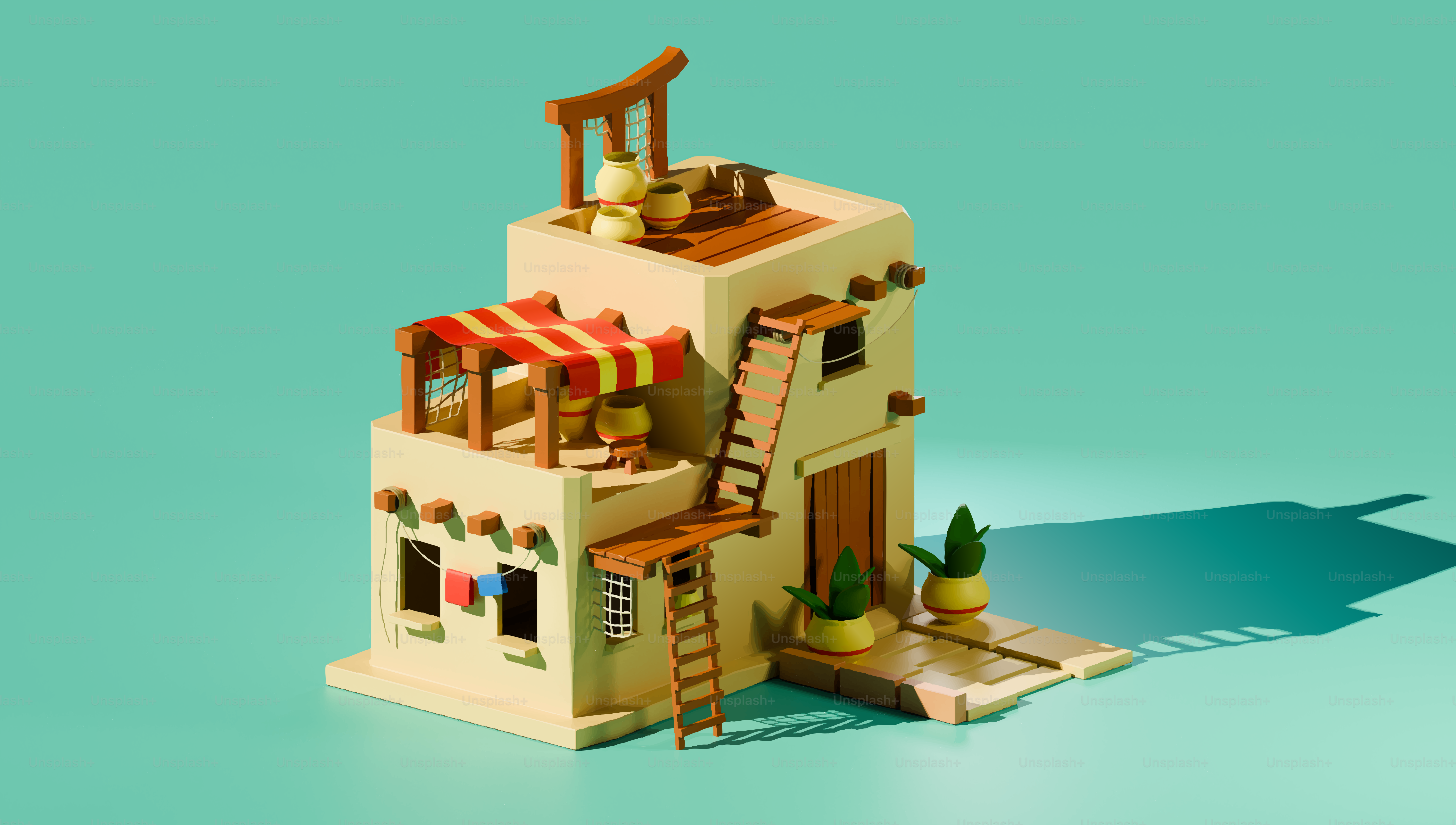 Edifício estilizado no deserto com toldos e escadas.