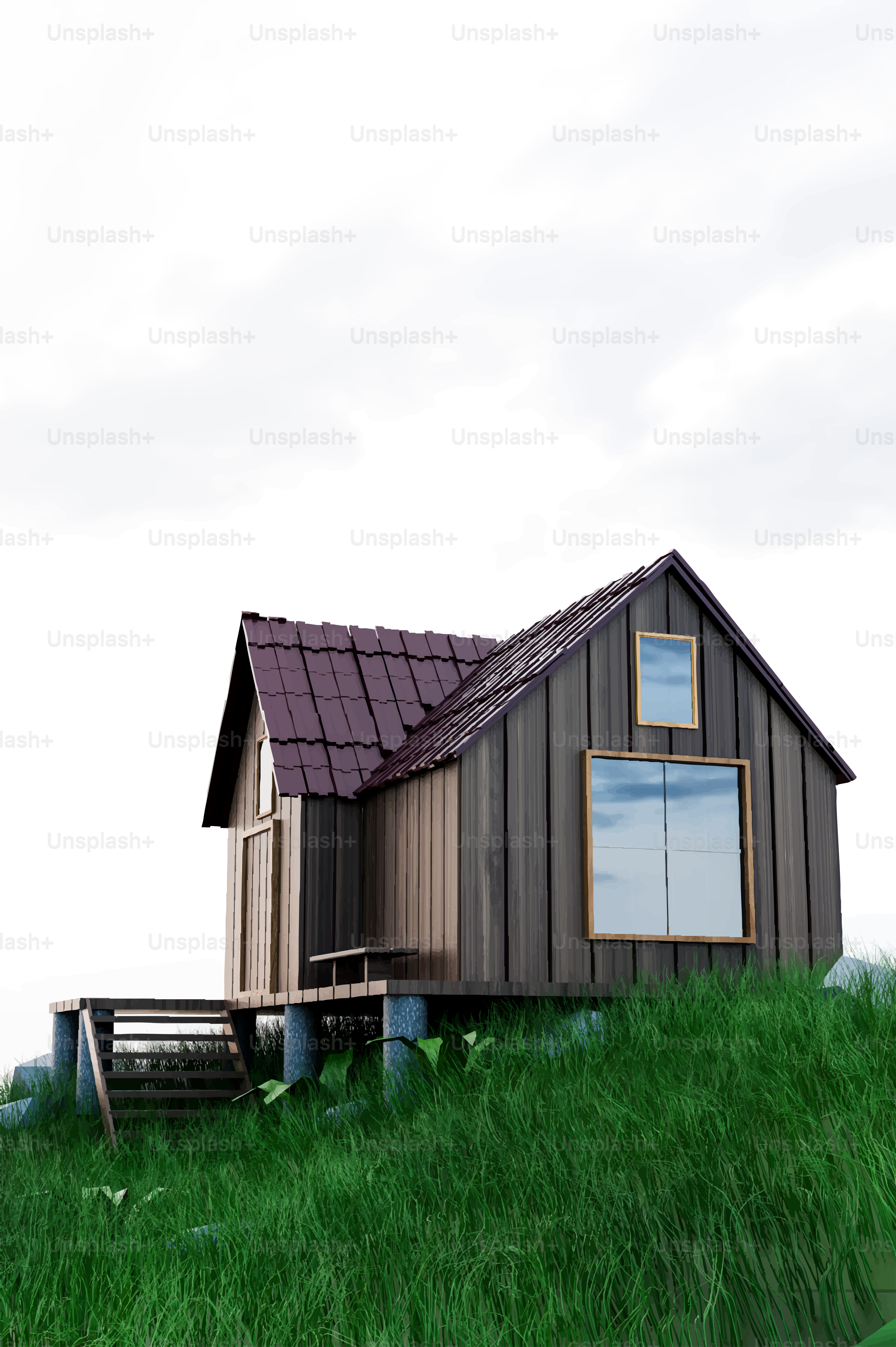 Pequeña cabaña de madera en una colina cubierta de hierba