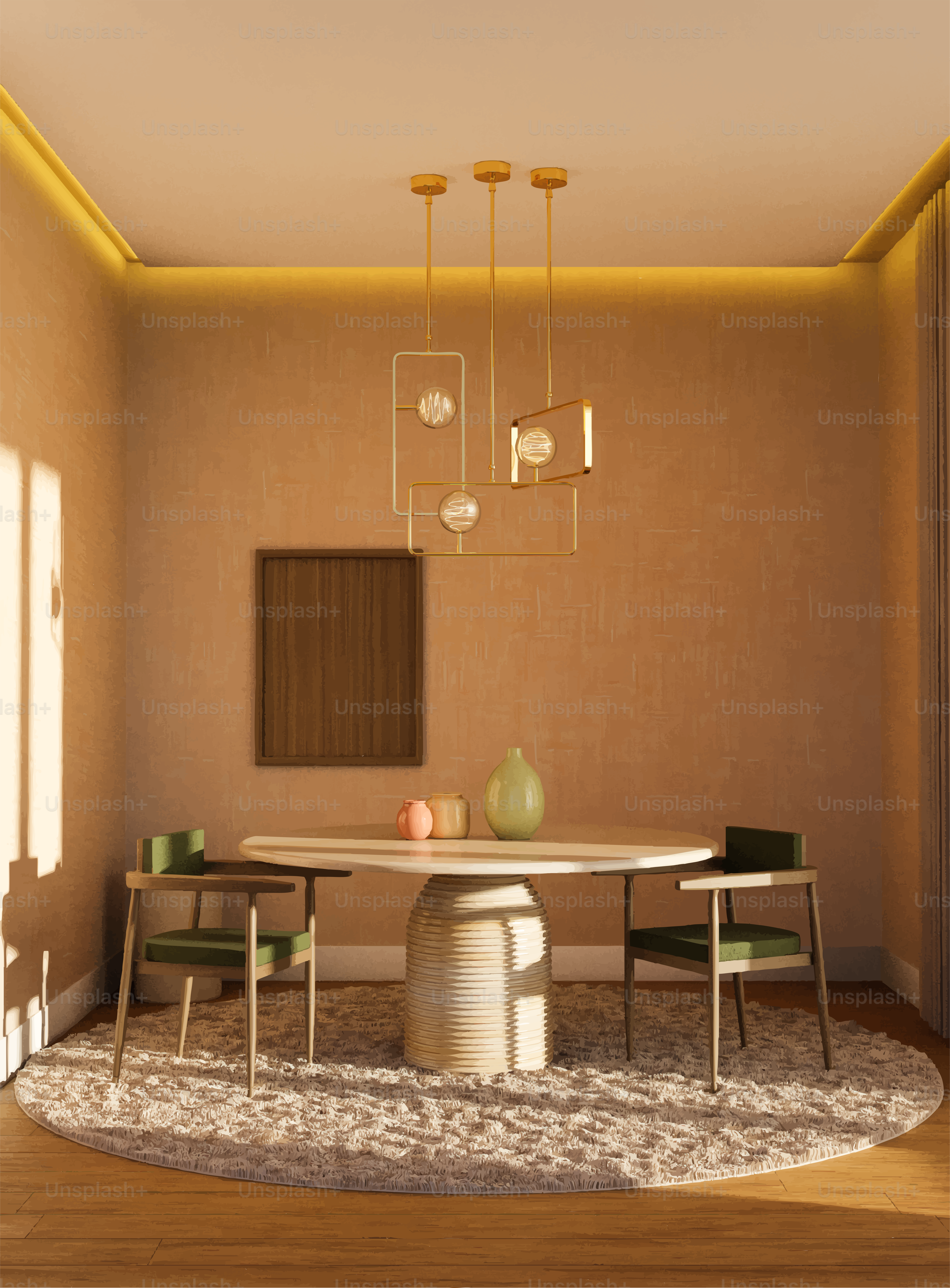 Sala de jantar moderna com mesa oval e cadeiras.