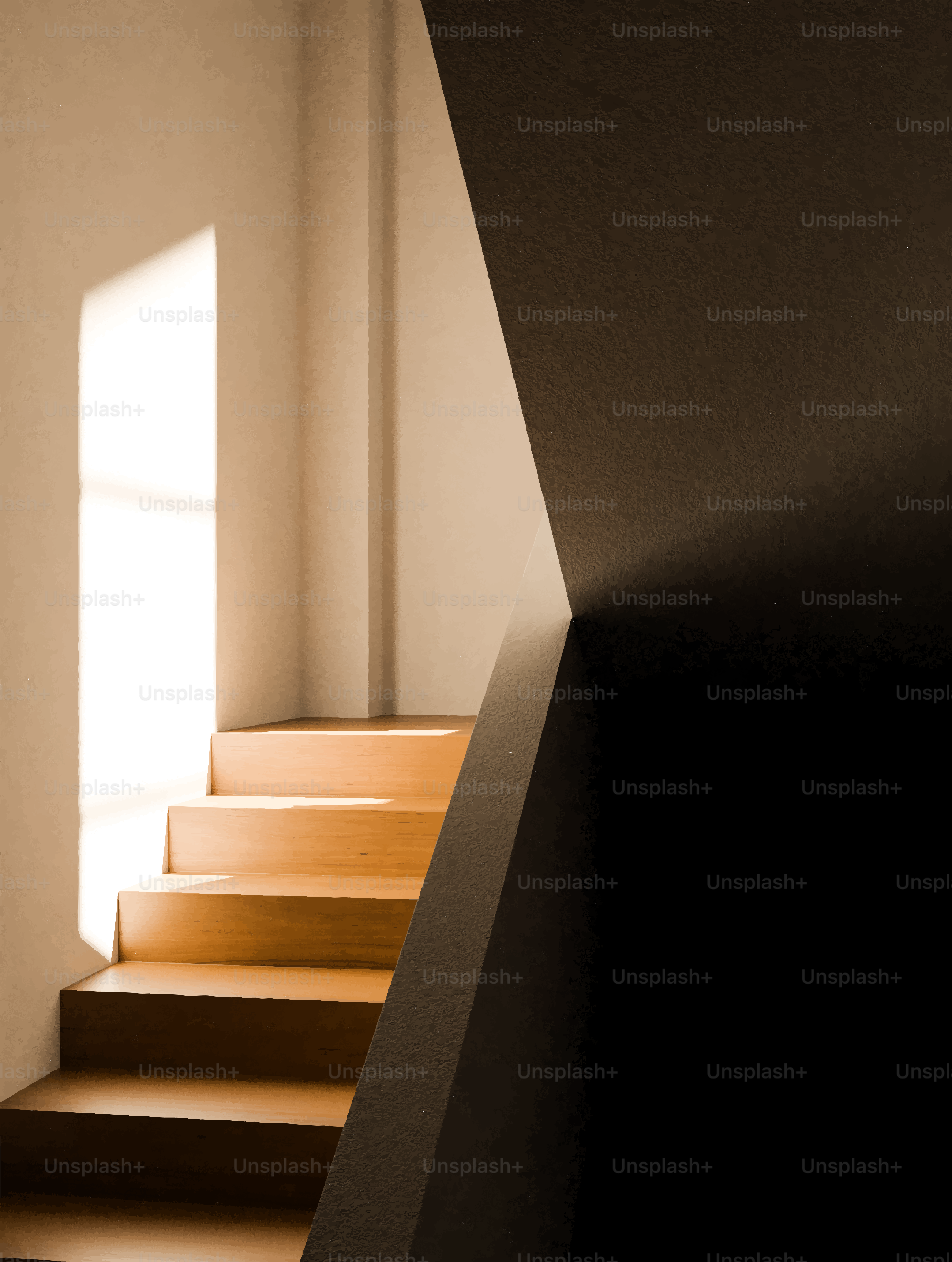 Escaleras de madera bañadas por una luz dramática del sol y la sombra.