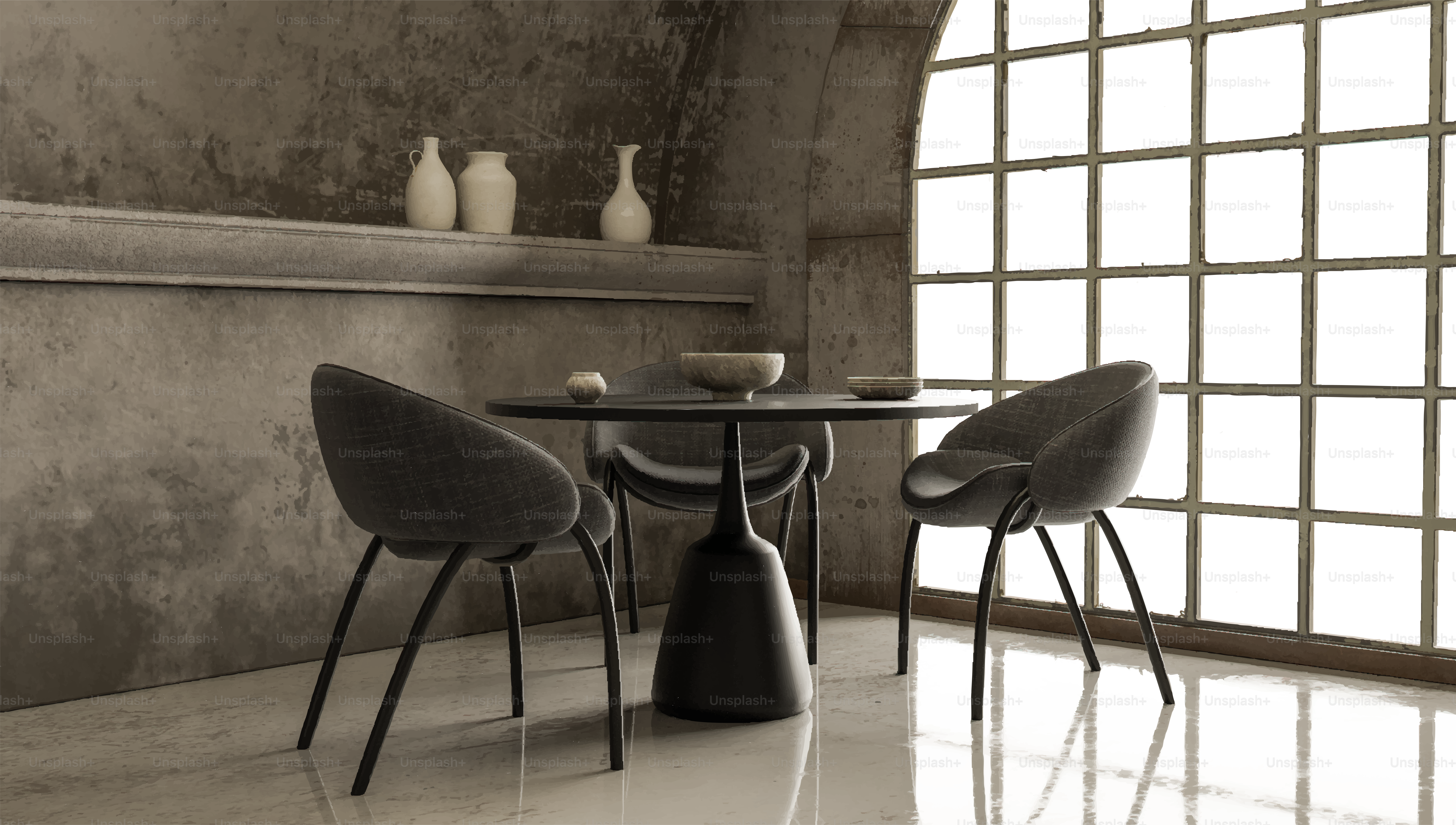 Conjunto de jantar moderno com cadeiras e mesa.