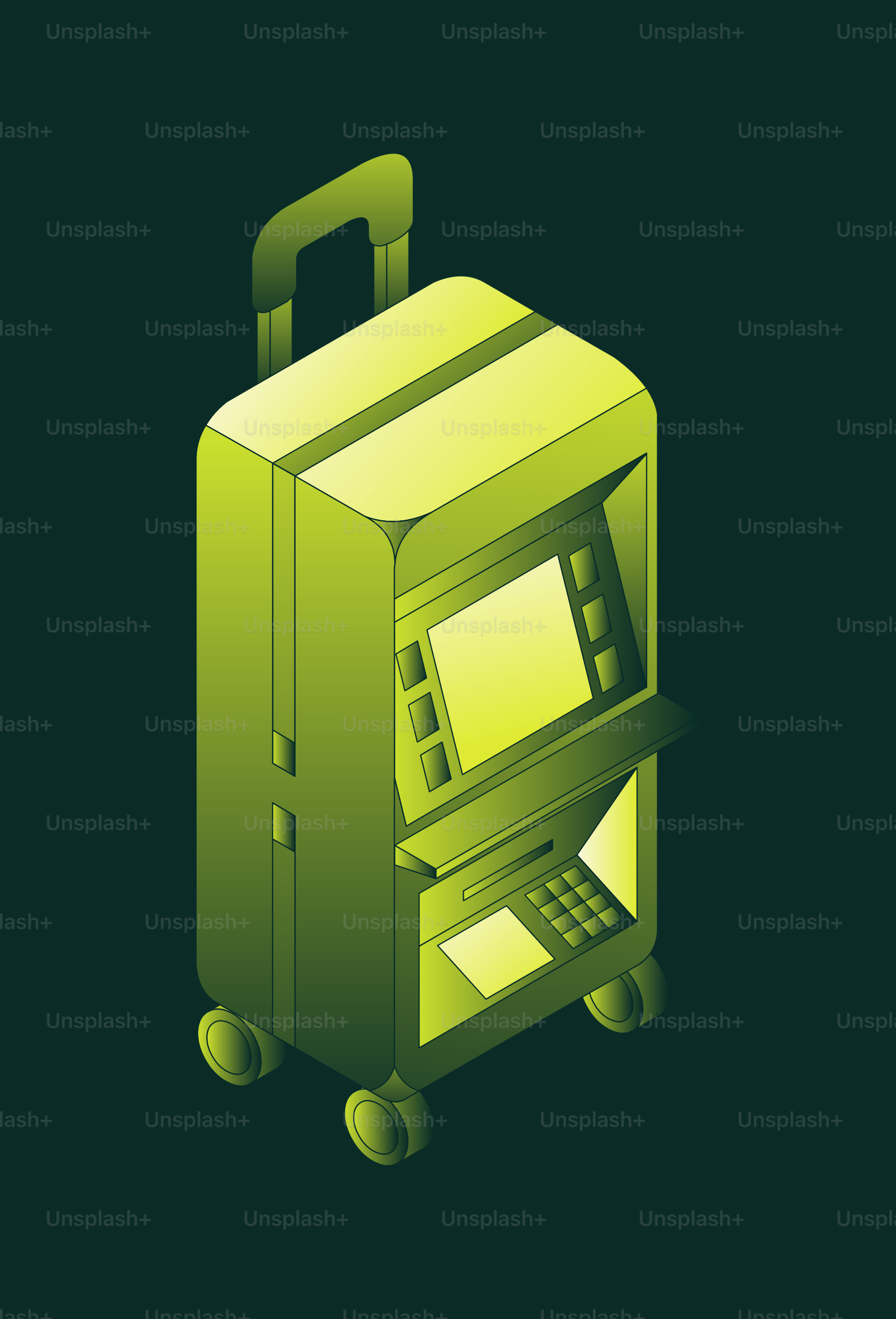 A green atm machine on wheels with wheels