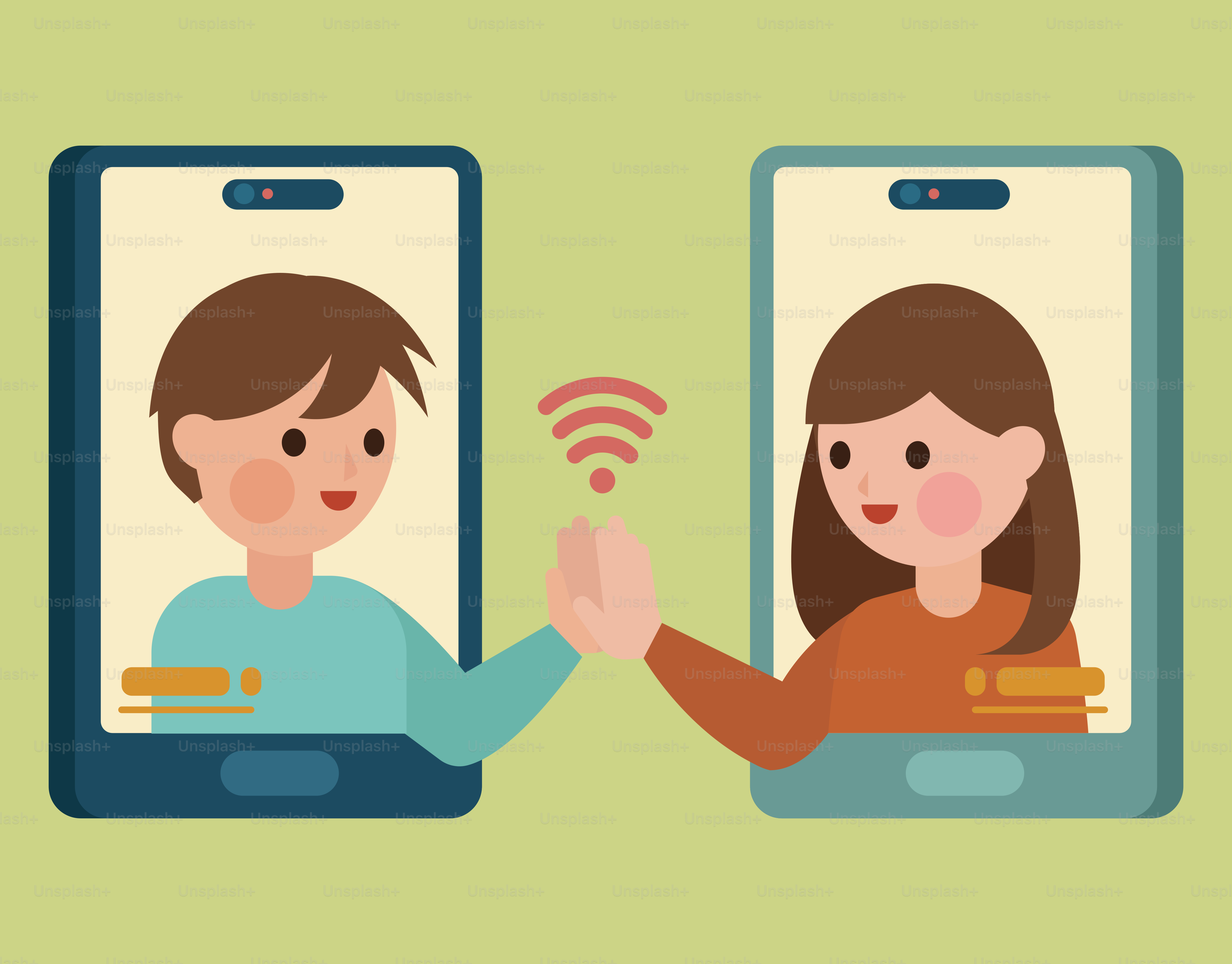 Two people connect through video calls on phones.