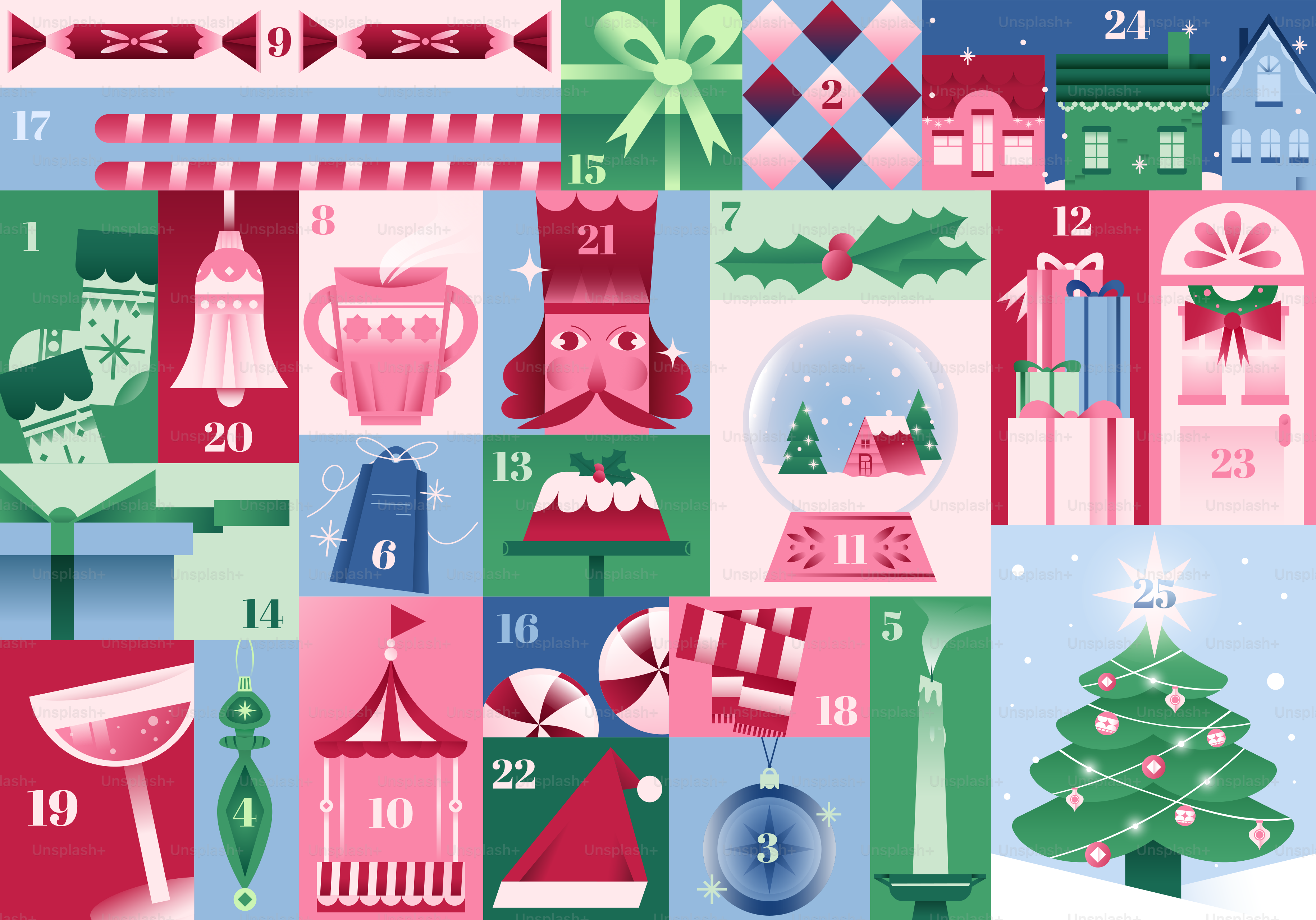 Calendário do advento de Natal com ícones festivos.