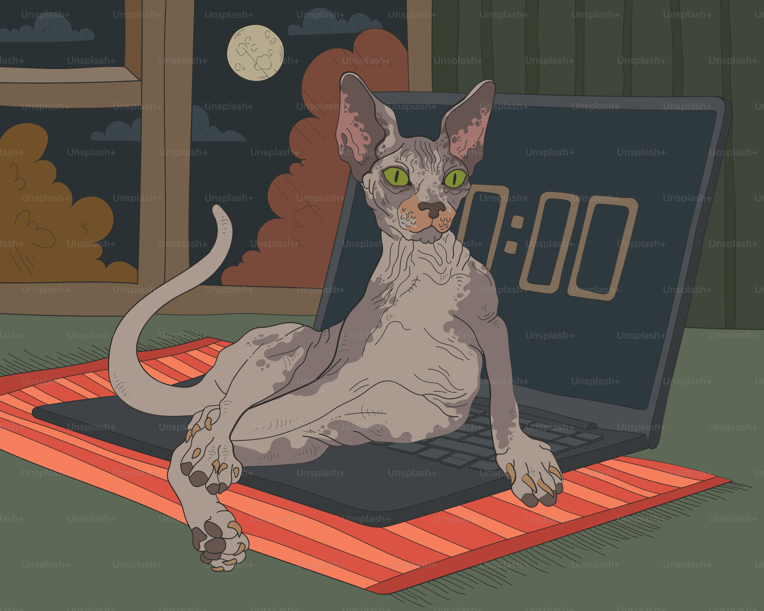Gato Sphynx senta-se no laptop à noite