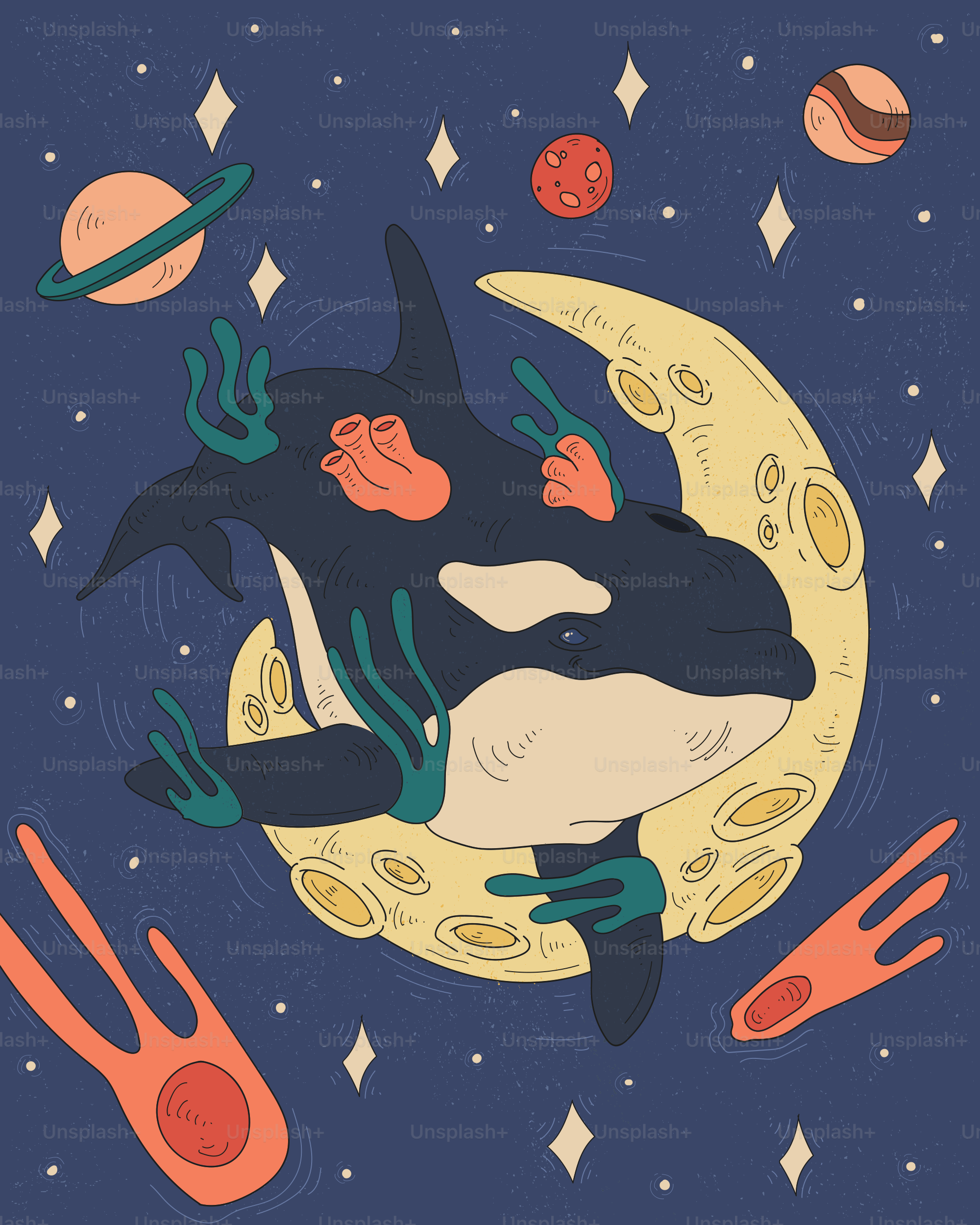Orca balena che nuota nello spazio con pianeti e stelle