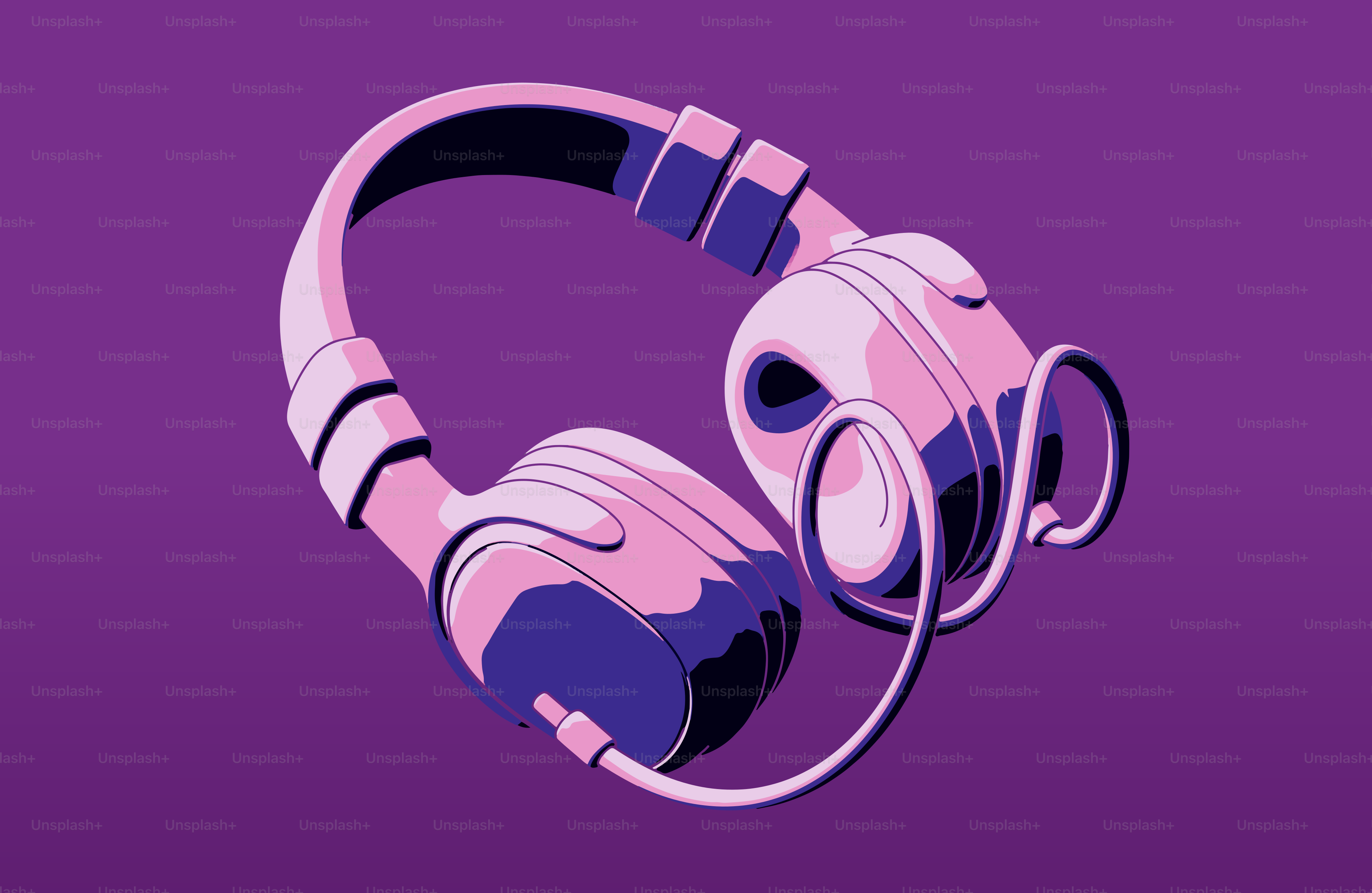 Headphone merah muda dan ungu dengan latar belakang ungu
