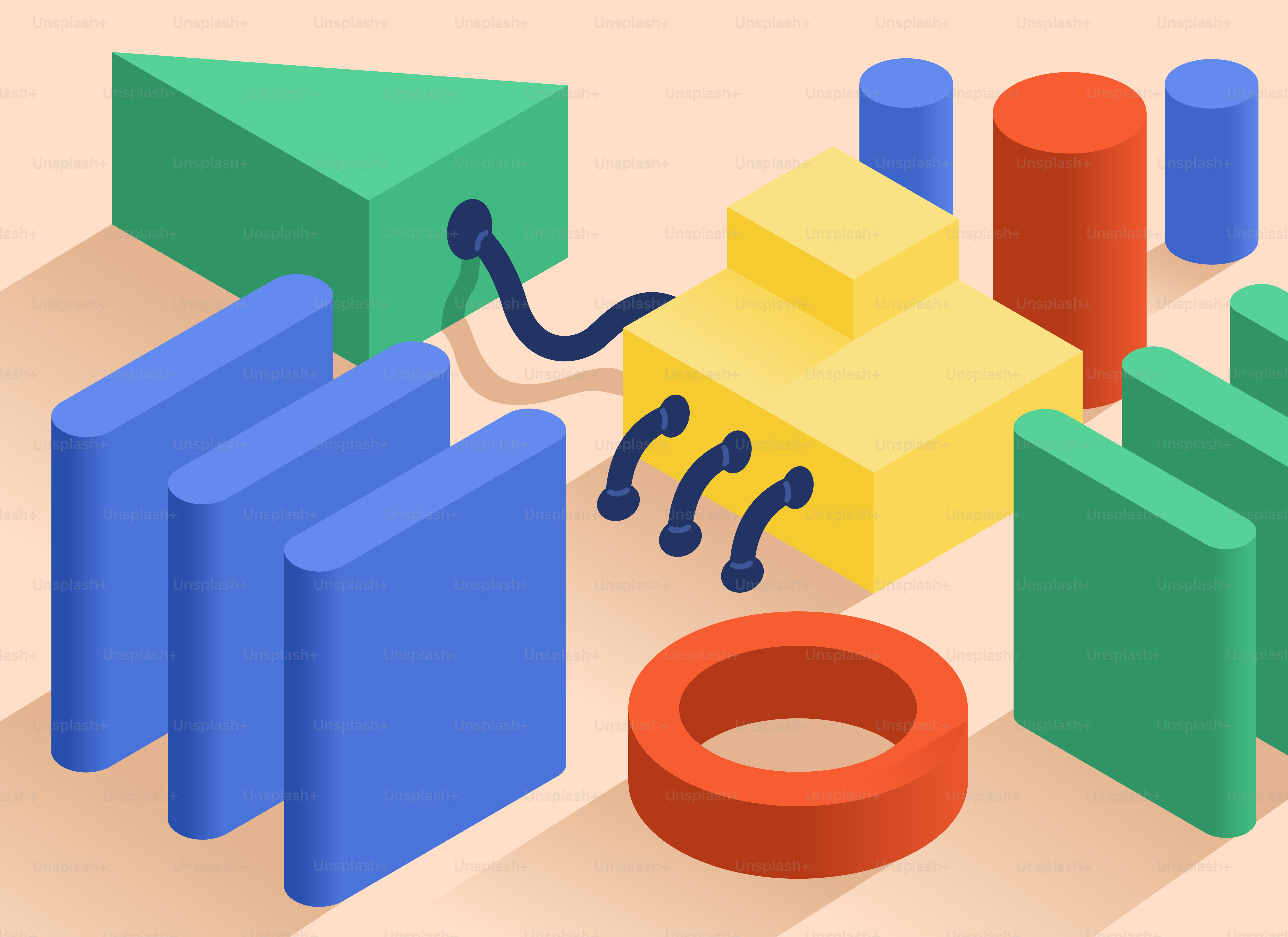 Forme geometriche astratte colorate collegate da fili.