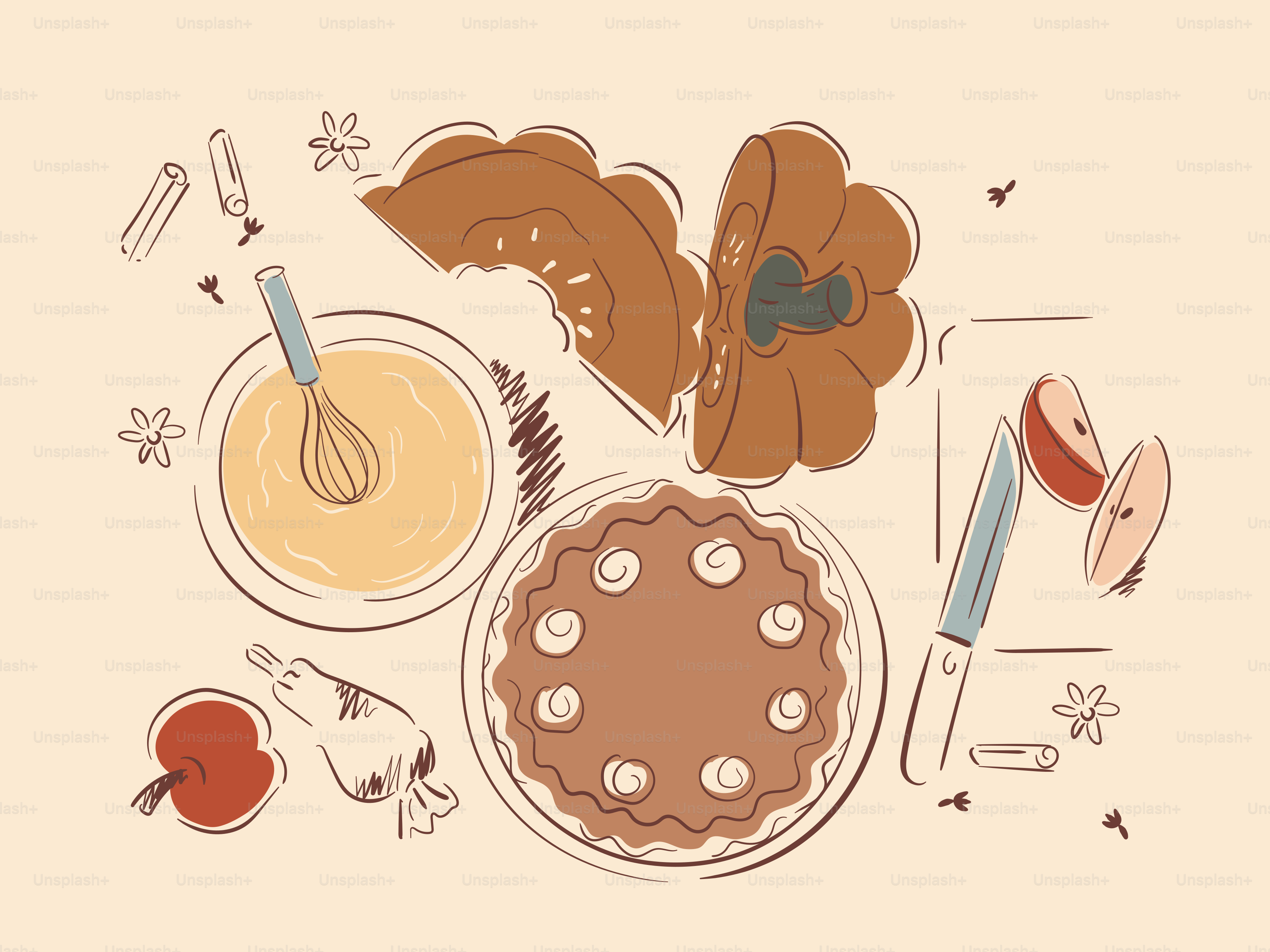 Baking ingredients and pie illustration on beige background.