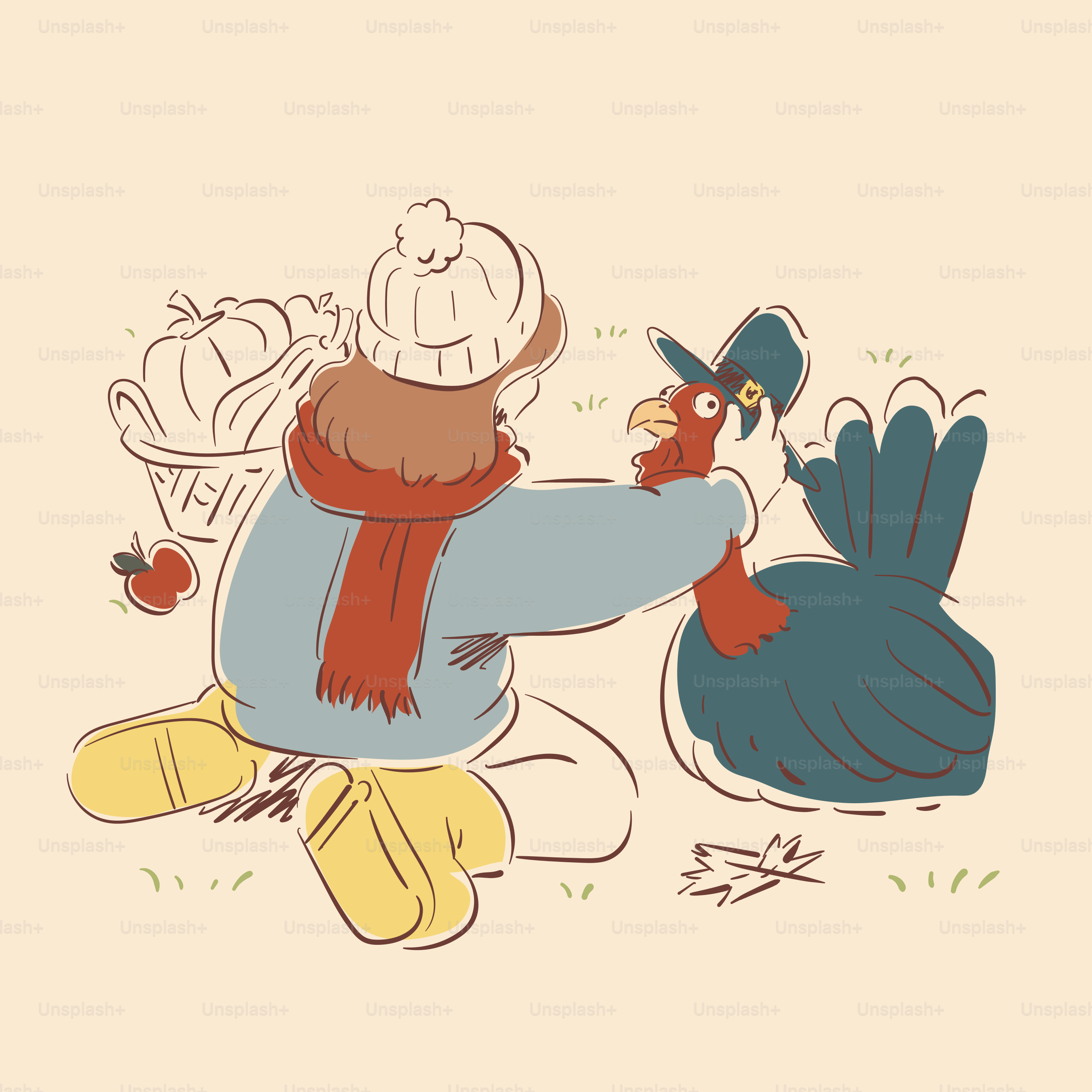 Person hugging a turkey with autumn vegetables