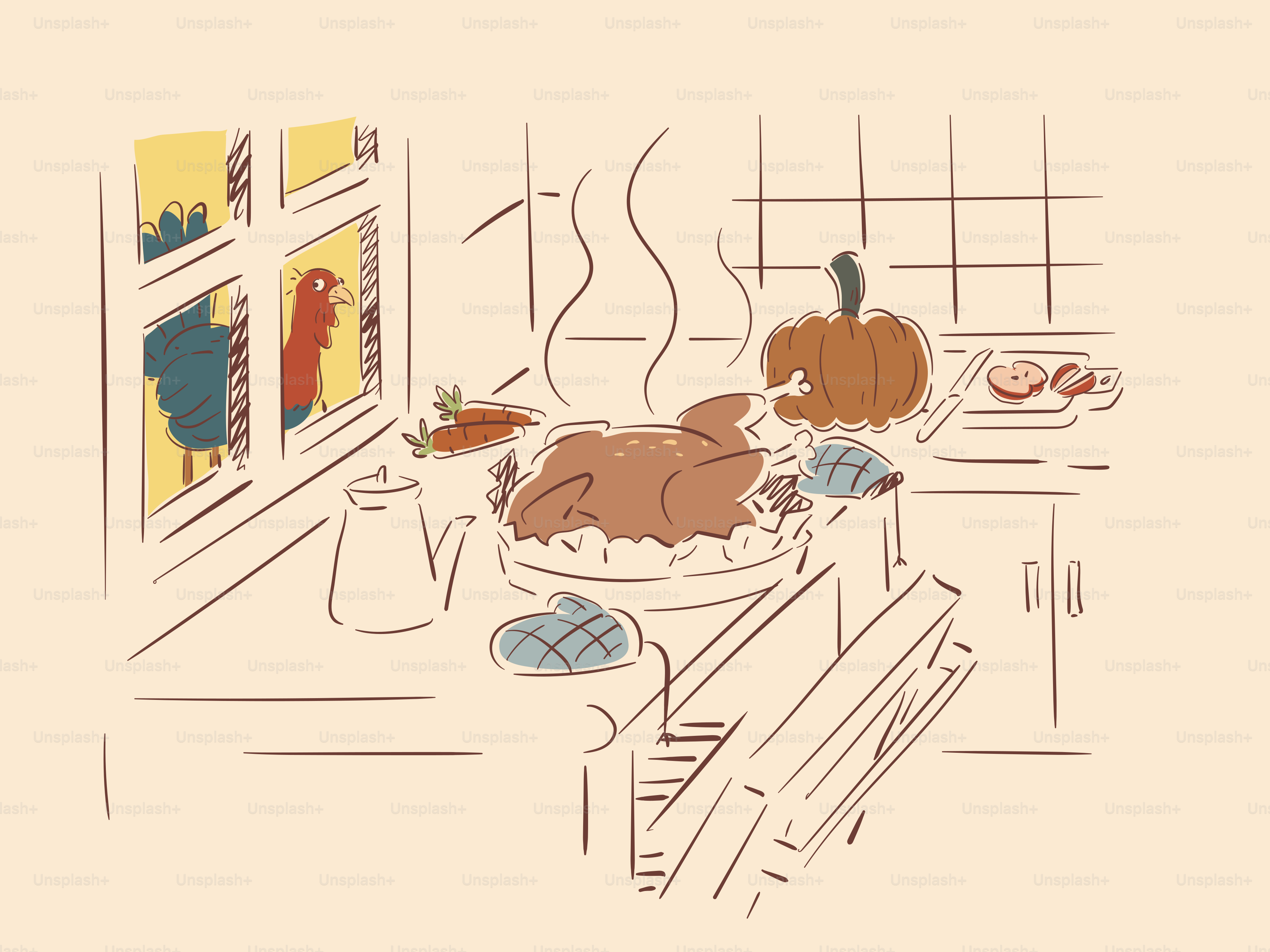 Roast turkey with vegetables and pumpkin on counter.